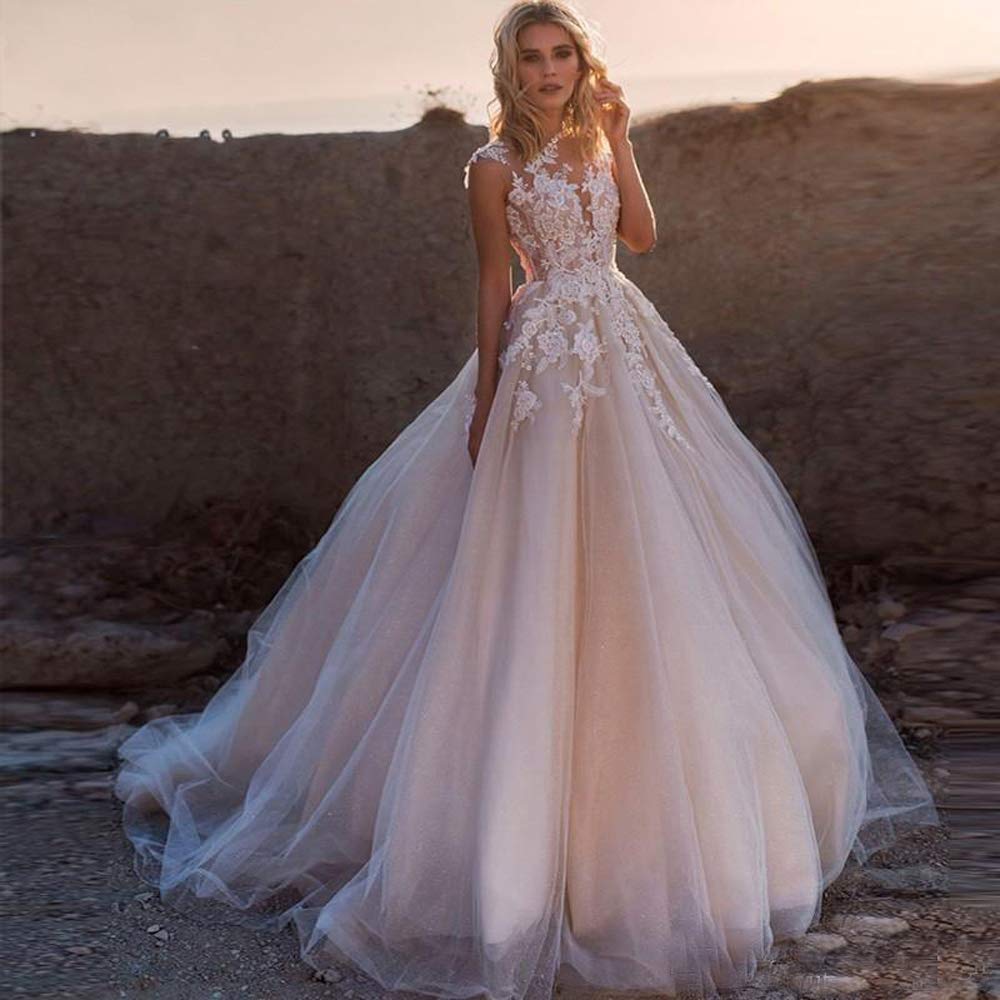 Empire Waist Wedding Dresses with Lace Applique - A-Line Long Bridal Gown with O-Neck for Country Weddings, Beach Ceremonies & Romantic Vows