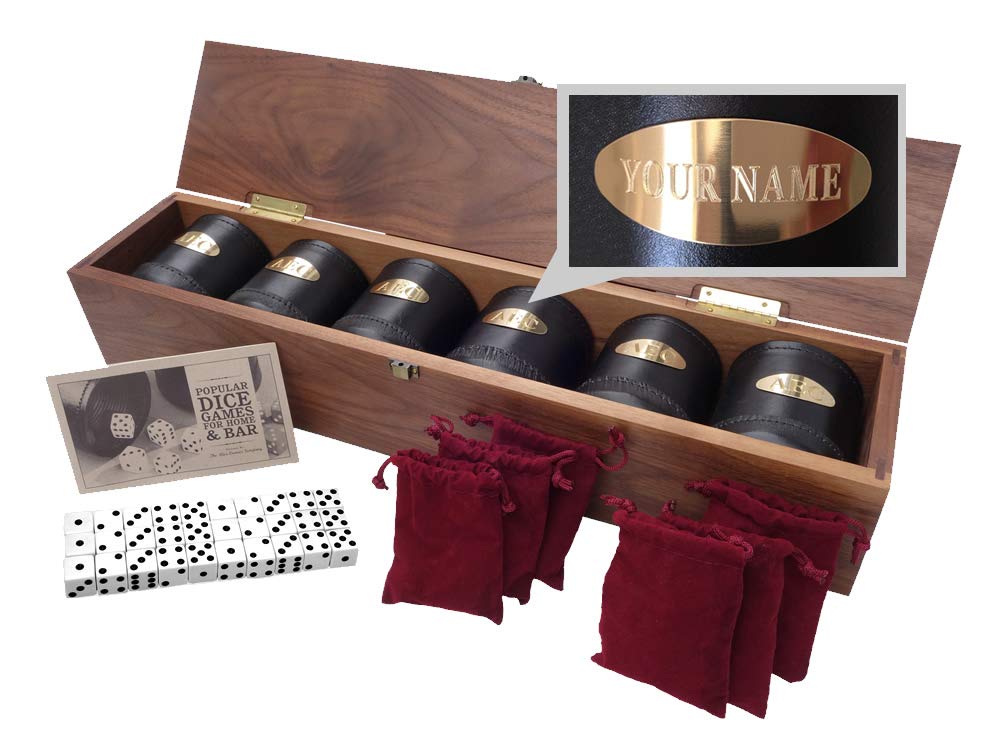 Premium Leather Dice Cup Set with 30 Dice & Game Book - 6 Professional Dice Cups in Walnut Case for Yahtzee, Farkle, Liar's Dice & Bar Party Games - Personalized Brass Plates - Perfect for Casino Nights, Family Game Nights & Pub Entertainment