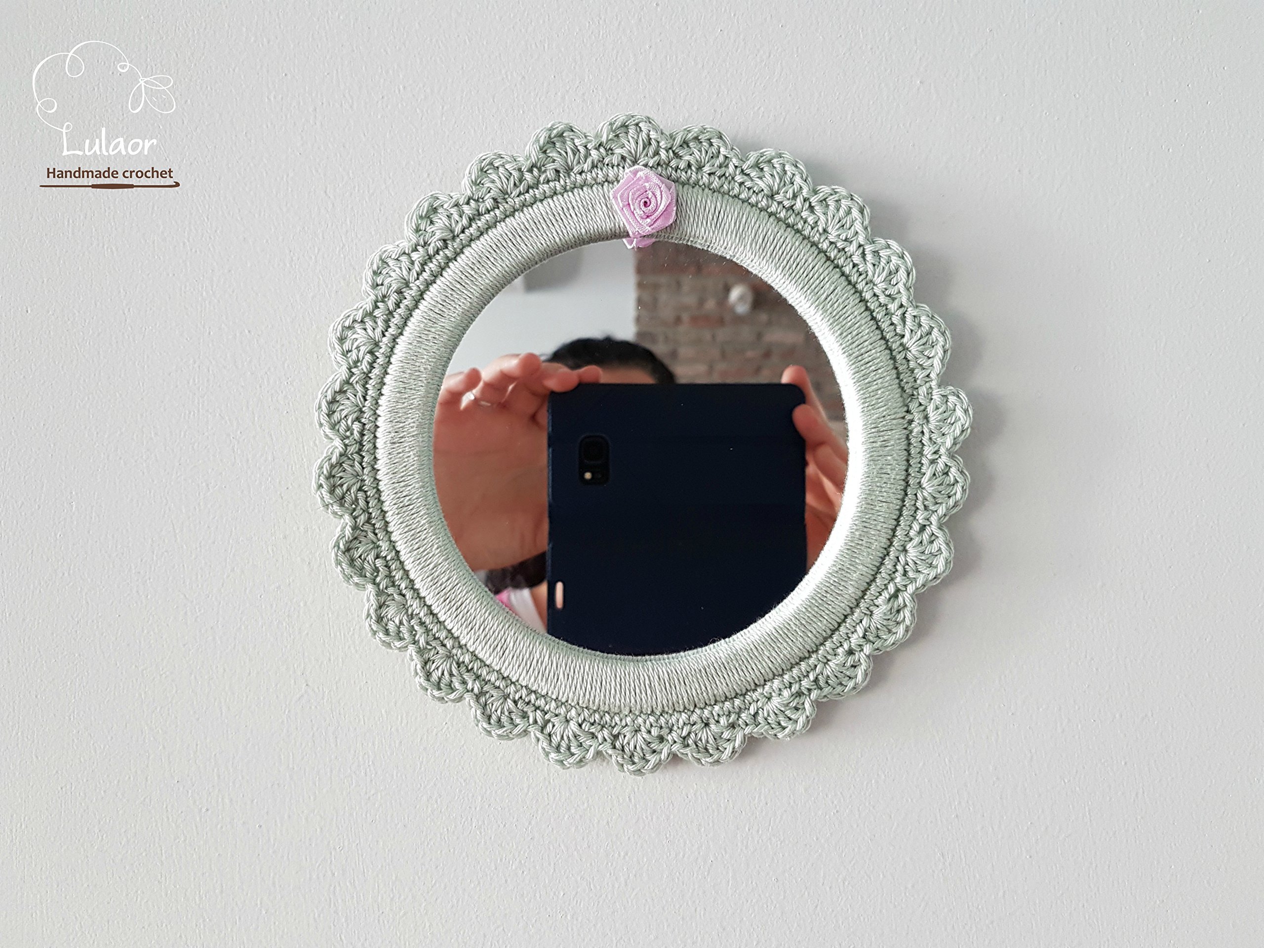 Handmade Crochet Round Mirror - Small Green Decorative Wall Mirror for Boho Home Decor, Bedroom, Living Room, or Nursery
