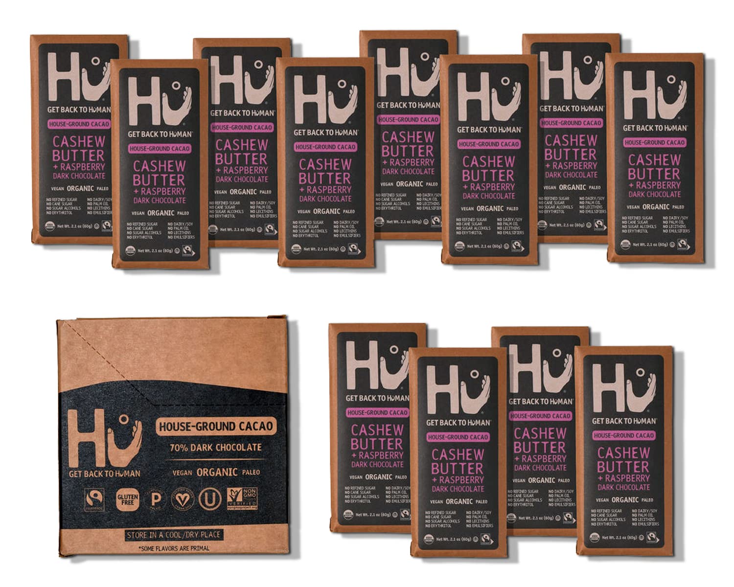 Organic Dark Chocolate Bars 12 Pack - Vegan, Gluten Free, Paleo, Non-GMO, Fair Trade | Hu Raspberry Dark Chocolate | Perfect for Gifts, Snacking & Healthy Desserts