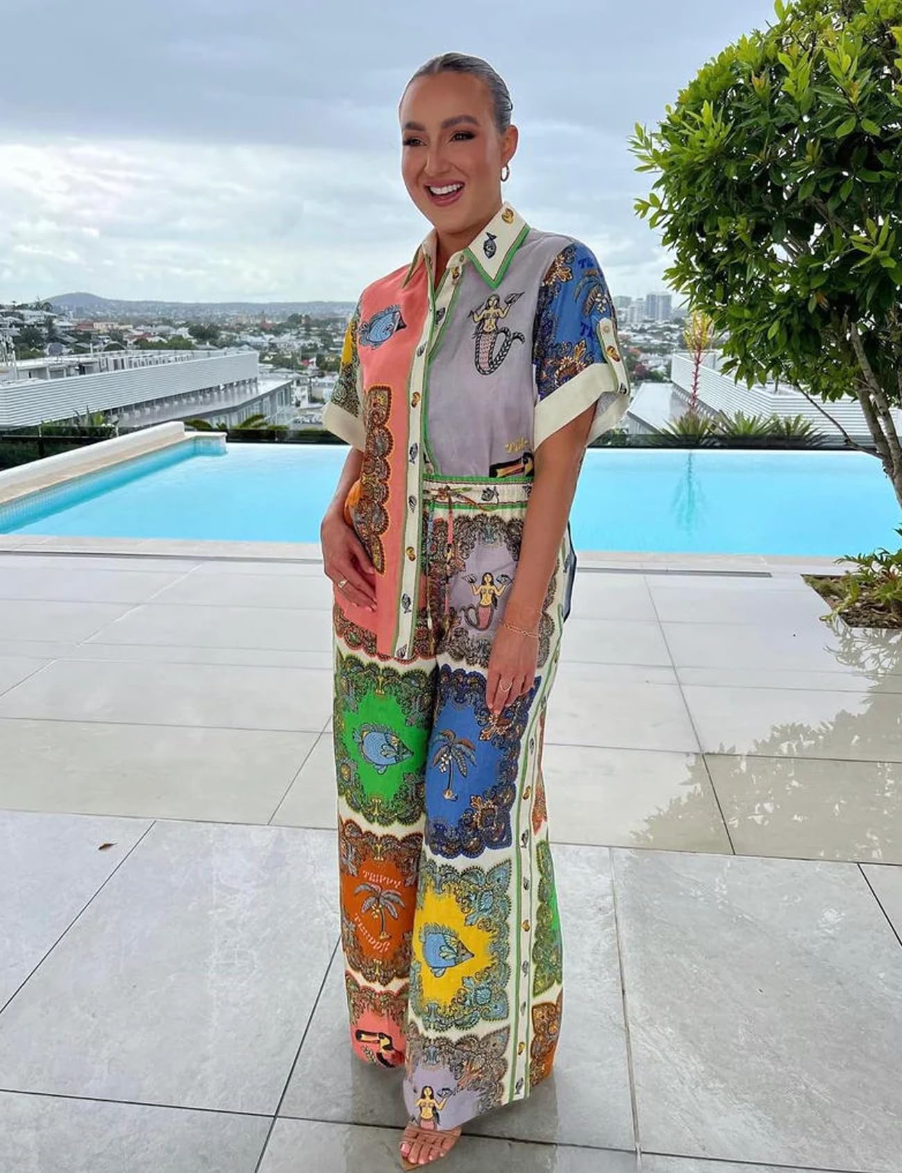 Perbai Women's Summer Linen 2-Piece Outfit Set - Boho Short Sleeve Button Shirt & Wide Leg Pants - Casual Lounge Wear & Sleepwear - Perfect for Beach Vacation, Yoga, and Relaxing at Home