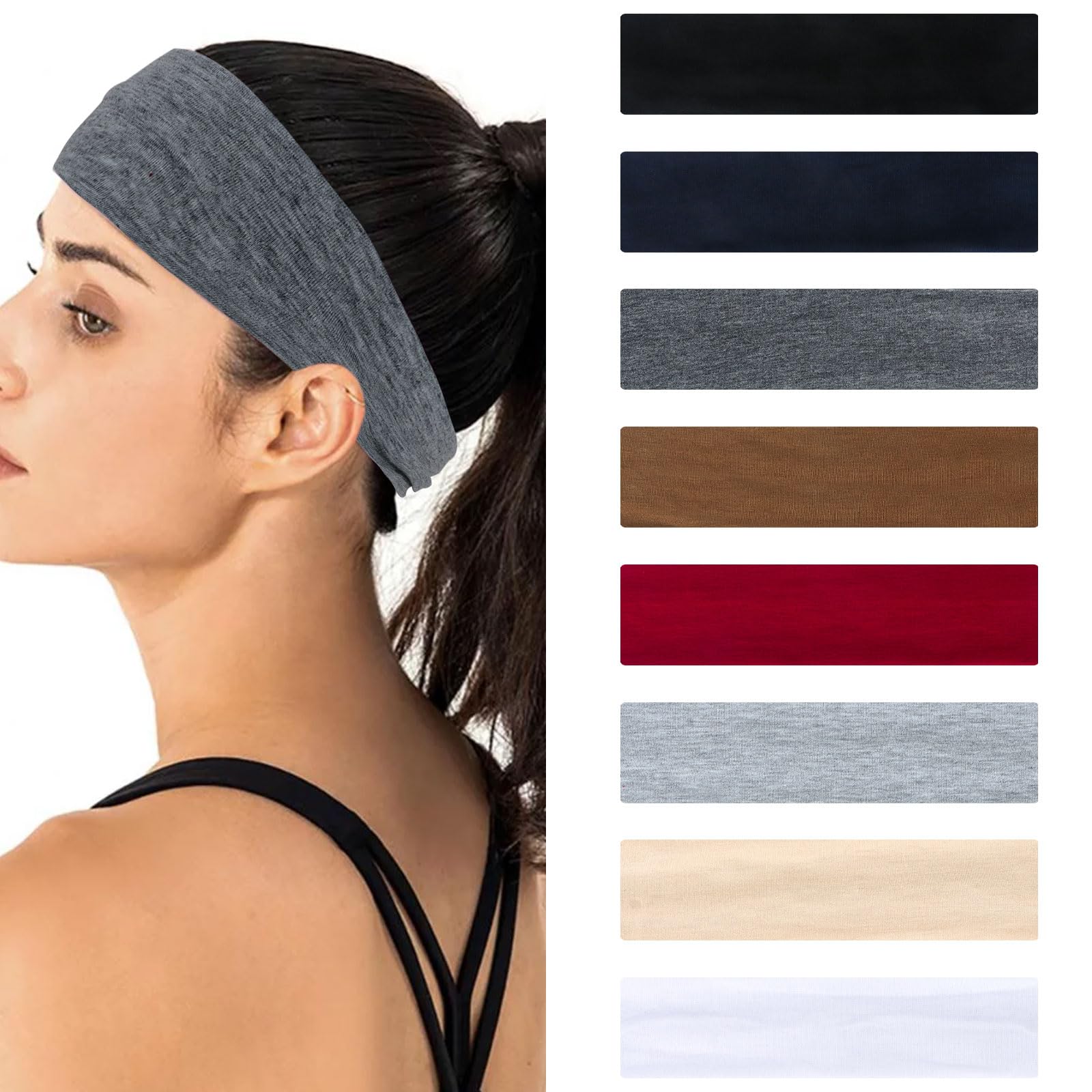 8 Pack Women's Non-Slip Headbands - Soft Cotton Wide Gym & Yoga Headbands for Women & Girls - Trendy Sports Hair Hoops for Workouts, Running, Tennis & Daily Fashion Accessories