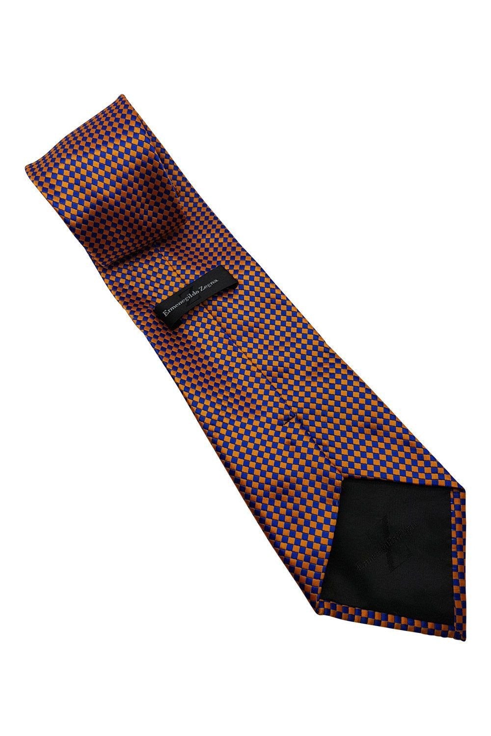ERMENEGILDO ZEGNA 100% Silk Blue & Orange Checked Necktie - Premium Luxury Tie for Business, Wedding & Formal Occasions
