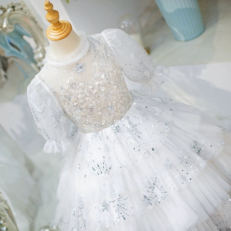 Elegant White Sequined Tutu Dress for Baby Girls - Perfect First Communion Dress for Toddlers - Ideal for Baptism, Christening, and Special Occasions