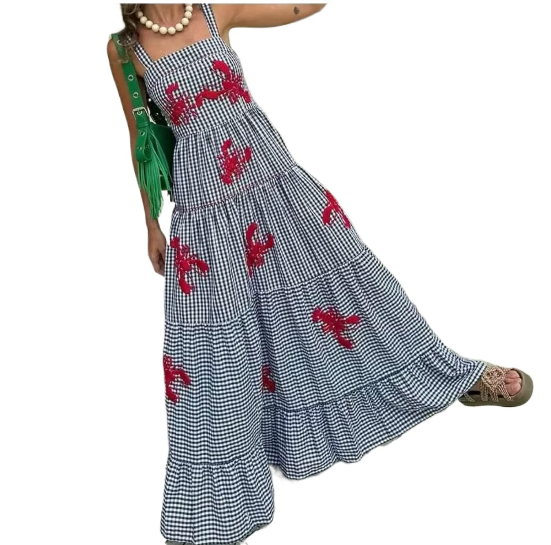 XPONNI Women's Gingham Print Lobster Summer Maxi Dress 2024 - Flowy Ruffle Linen Sundress for Beach, Vacation & Casual Wear