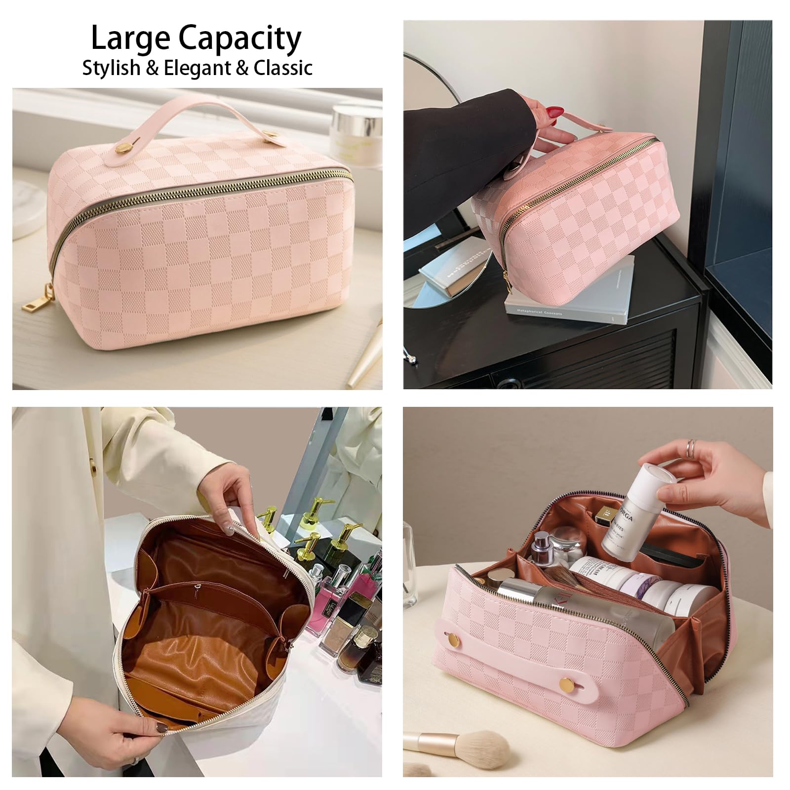 **Large Pink Waterproof Travel Makeup Bag with Silicone Brush Holder – Portable Cosmetic Organizer for Women | Perfect for Vacations, Gym, and Daily Essentials**