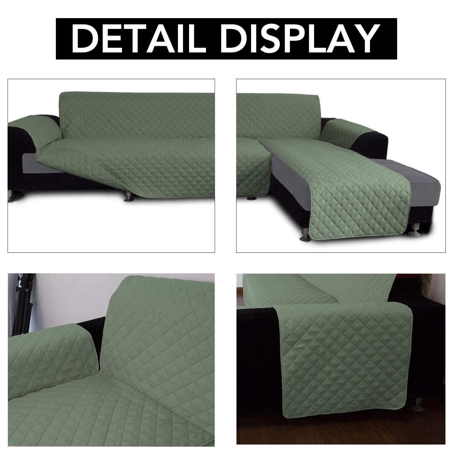 Reversible L-Shaped Sofa Slipcover for Sectional Couch & Chaise - Pet & Kid Friendly Furniture Protector (Large, Greyish Green) - Perfect for Living Room, Family Room & Home Theater Seating