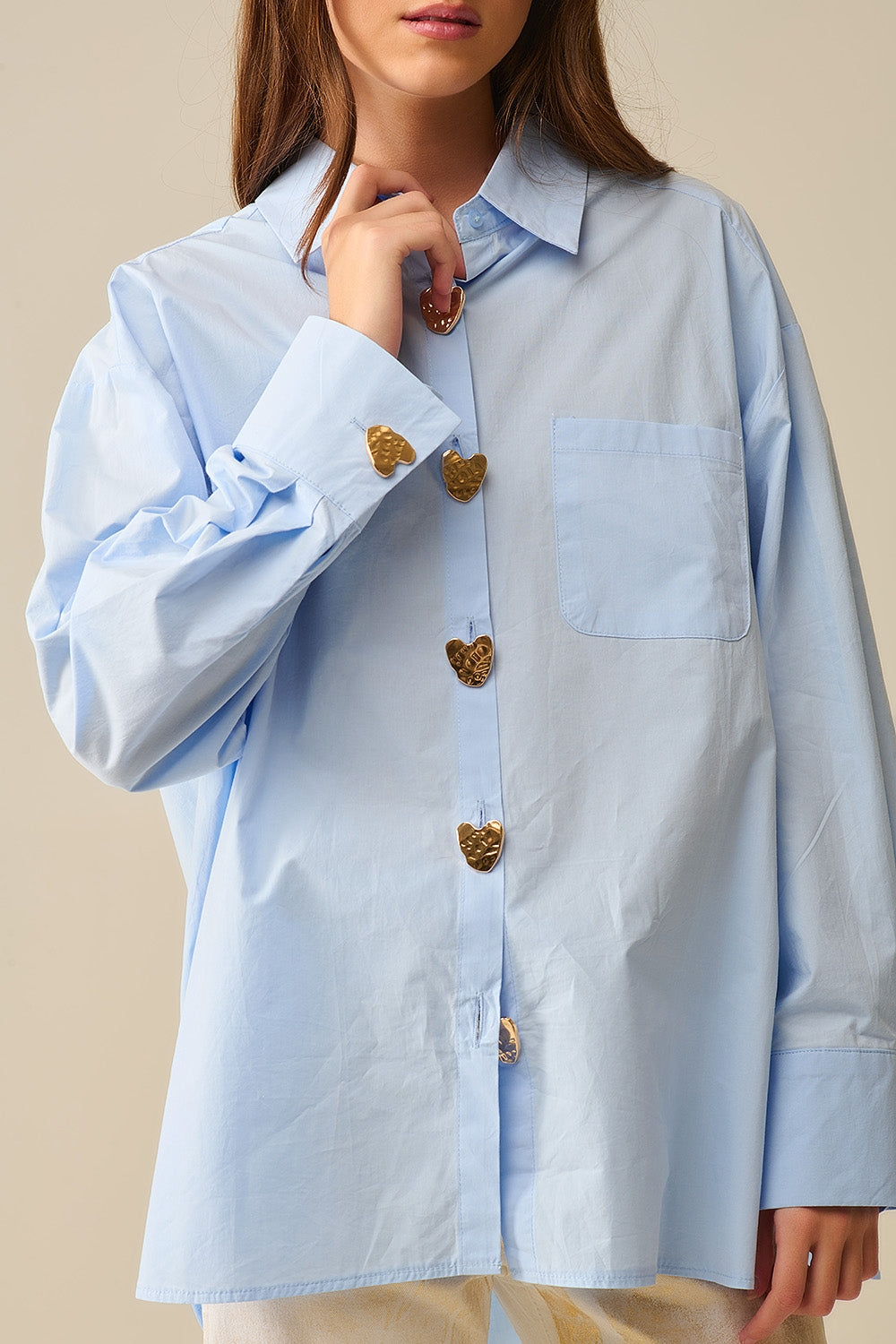 Blue Poplin Casual Shirt with Gold Heart Buttons - Perfect for Everyday Wear, Date Nights & Office Outfits