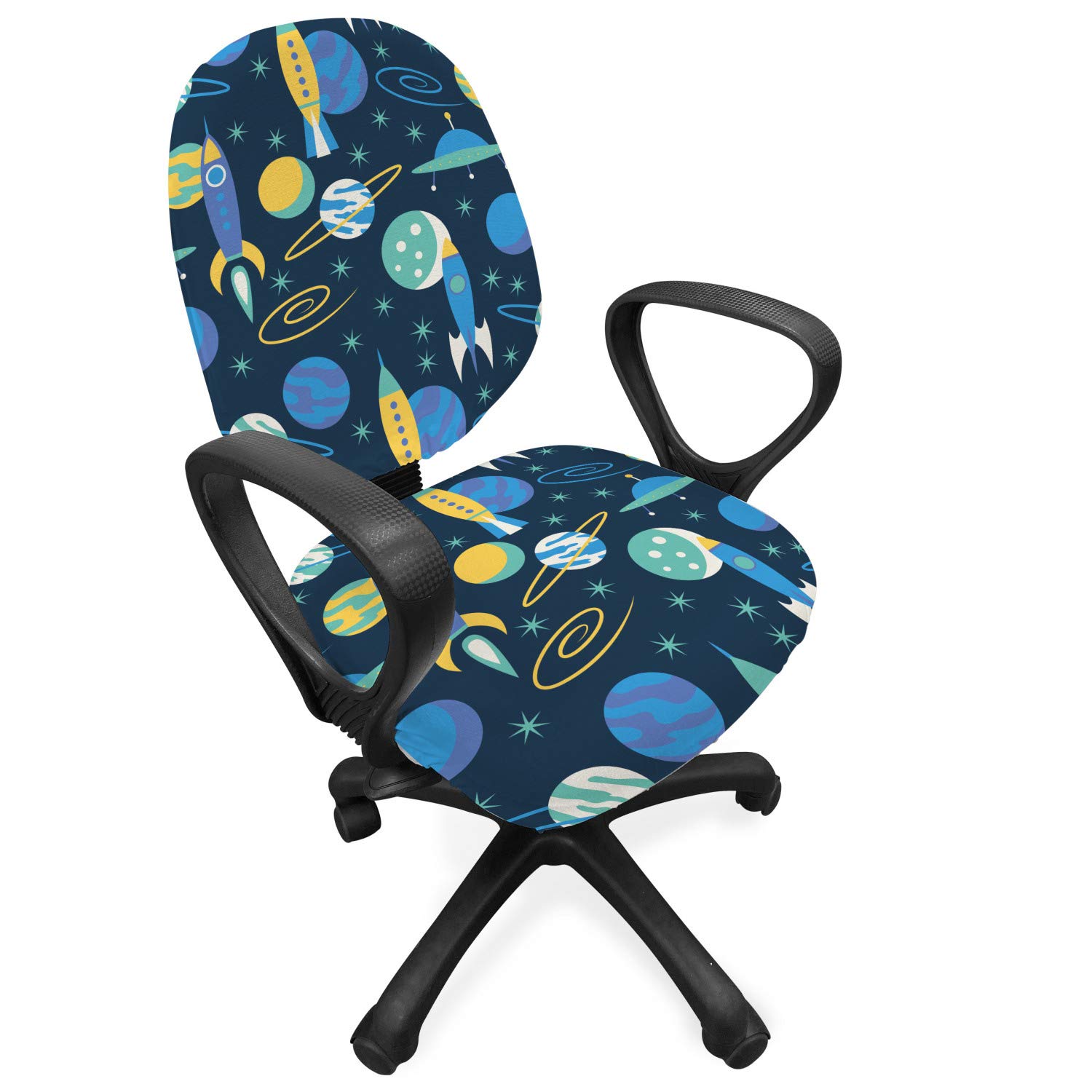 Ambesonne Rockets Office Chair Slipcover - Planets, Travel, Galaxy Stars & Spaceship Design - Stretch Fabric Protective Cover in Mustard & Deep Sky Blue - Perfect for Home Office, Gaming & Study Rooms