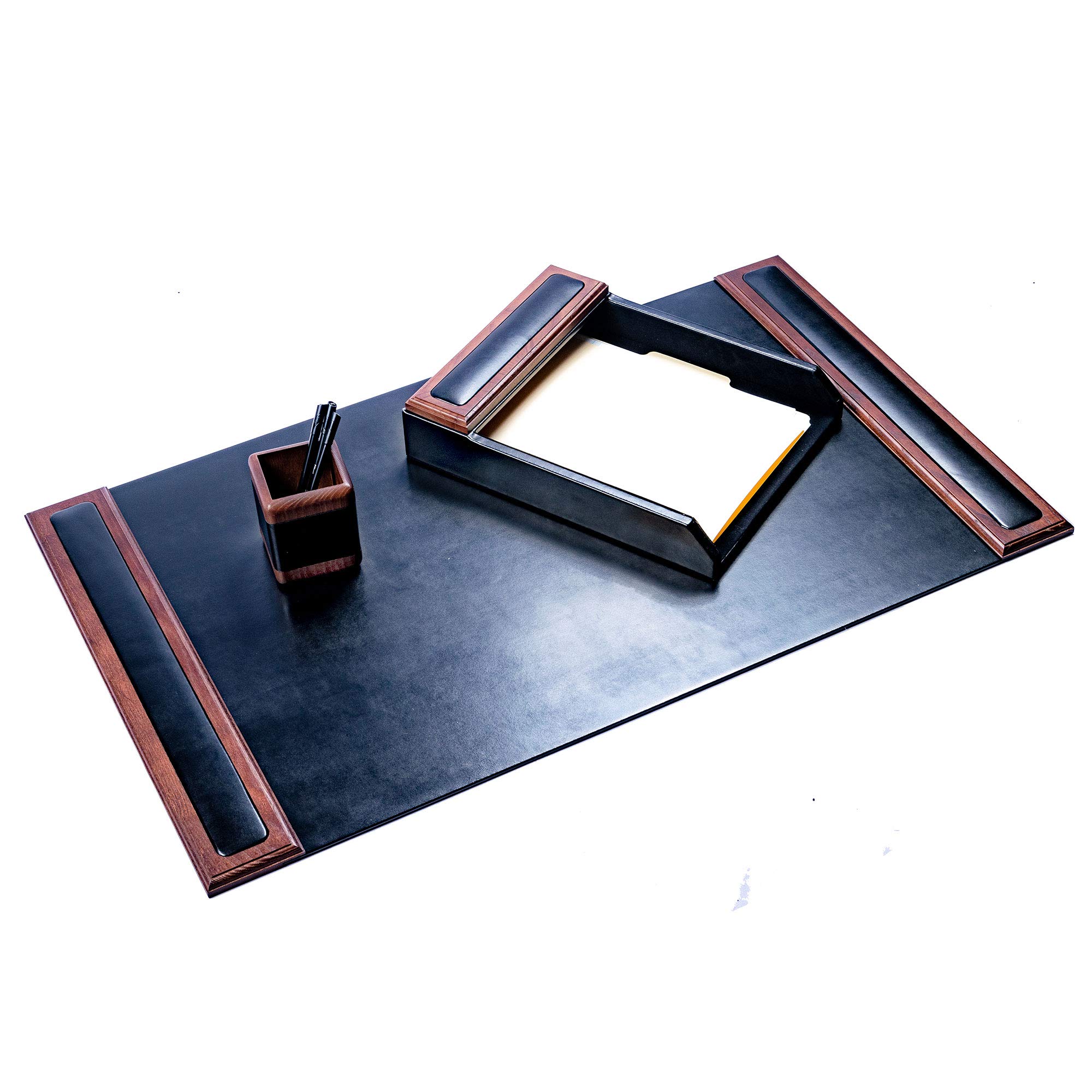 Premium Dacasso Walnut Wood & Genuine Leather Desk Set - 3-Piece Office Organizer with Pen Holder, Business Card Case & Letter Tray - Perfect for Executive Desks, Home Offices & Corporate Gifts