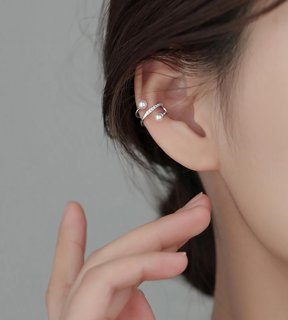 Reffeer Solid 925 Sterling Silver Pearl Ear Cuffs for Women - Non Piercing Clip On Cartilage Earrings with CZ Wrap Design | Perfect for Parties, Weddings & Everyday Wear