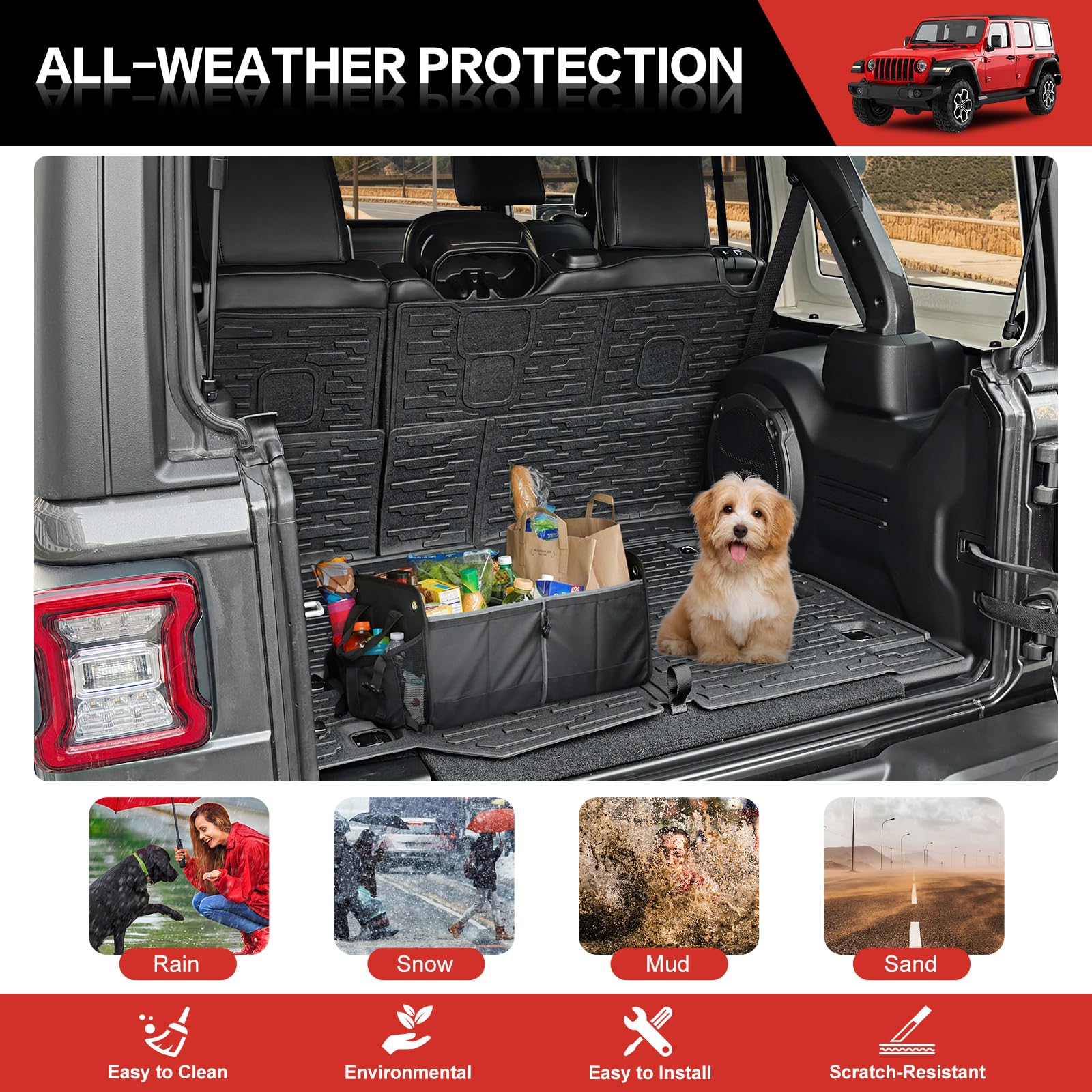 **2018-2024 Jeep Wrangler JL Unlimited 4-Door 4X4 Cargo Liner & Seat Back Cover Set - Heavy Duty TPE Cargo Mat & Backrest Protector for Jeep Wrangler JL/JLU Accessories - Perfect for Off-Roading, Camping & Pet Transport**