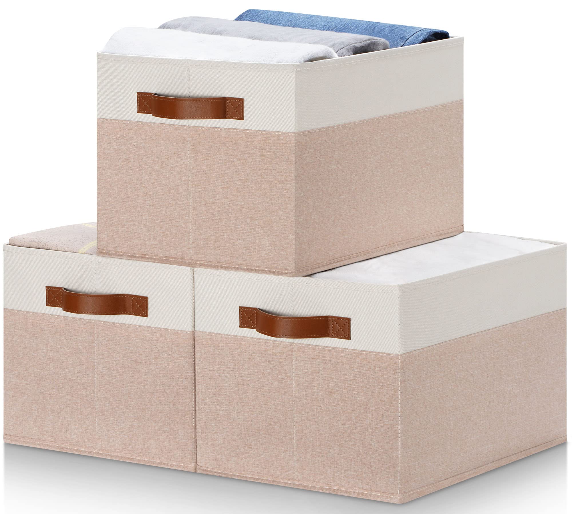 Large Foldable Fabric Storage Bins with PU Handles - 3 Pack (26L, Pink & White) | Sturdy Organizing Baskets for Shelves, Closet, Bedroom & Office | Perfect for Home Organization & Space Saving