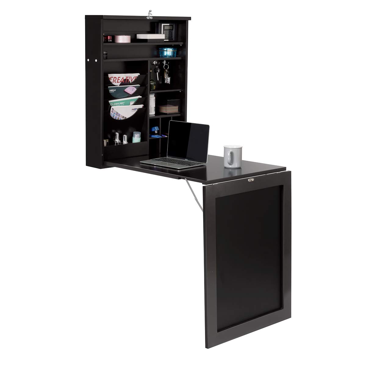 Tangkula Wall Mounted Folding Desk with Chalkboard - Convertible Laptop & Writing Table for Home Office - Space Saving Multi-Functional Wall Desk with Large Storage Shelf (Perfect for Small Spaces, Dorm Rooms & Studio Apartments)