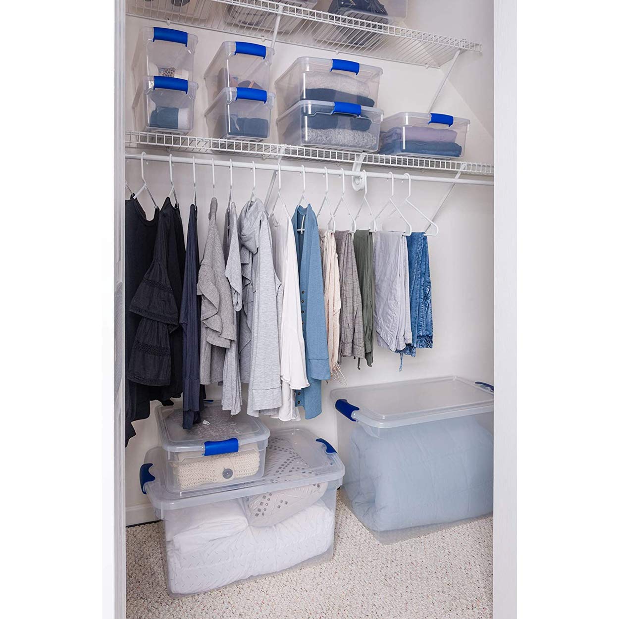 HOMZ 12-Pack Clear Plastic Storage Bins with Lids - 15.5 Quart Organizing Containers with Blue Latches | Perfect for Pantry, Closet, Garage & Toy Organization