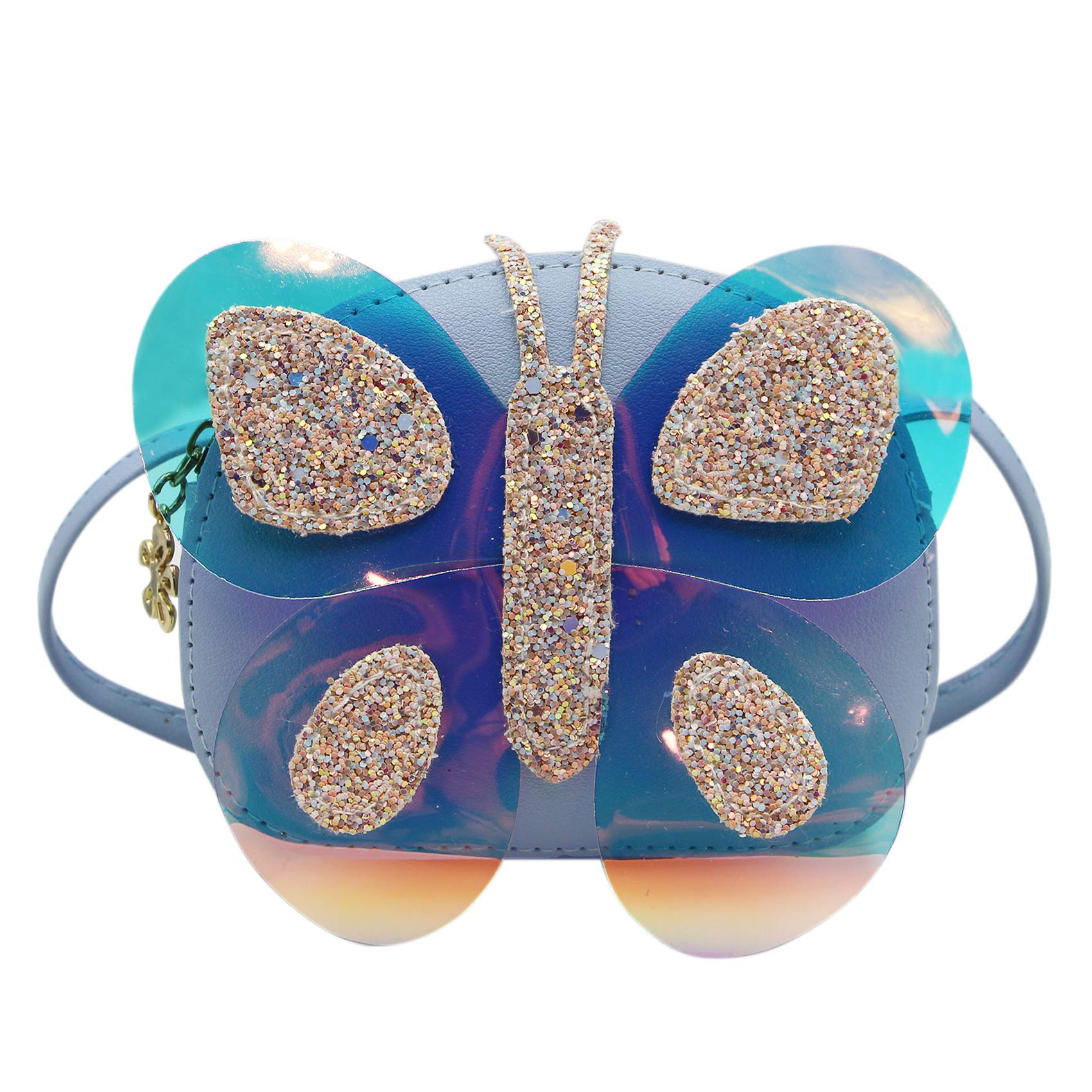 MOSSTYUS Women's Small Crossbody Bag - PU Leather Mini Purse with Glitter Butterfly Wings for Girls & Teens - Blue Coin Wallet for School, Party & Daily Use