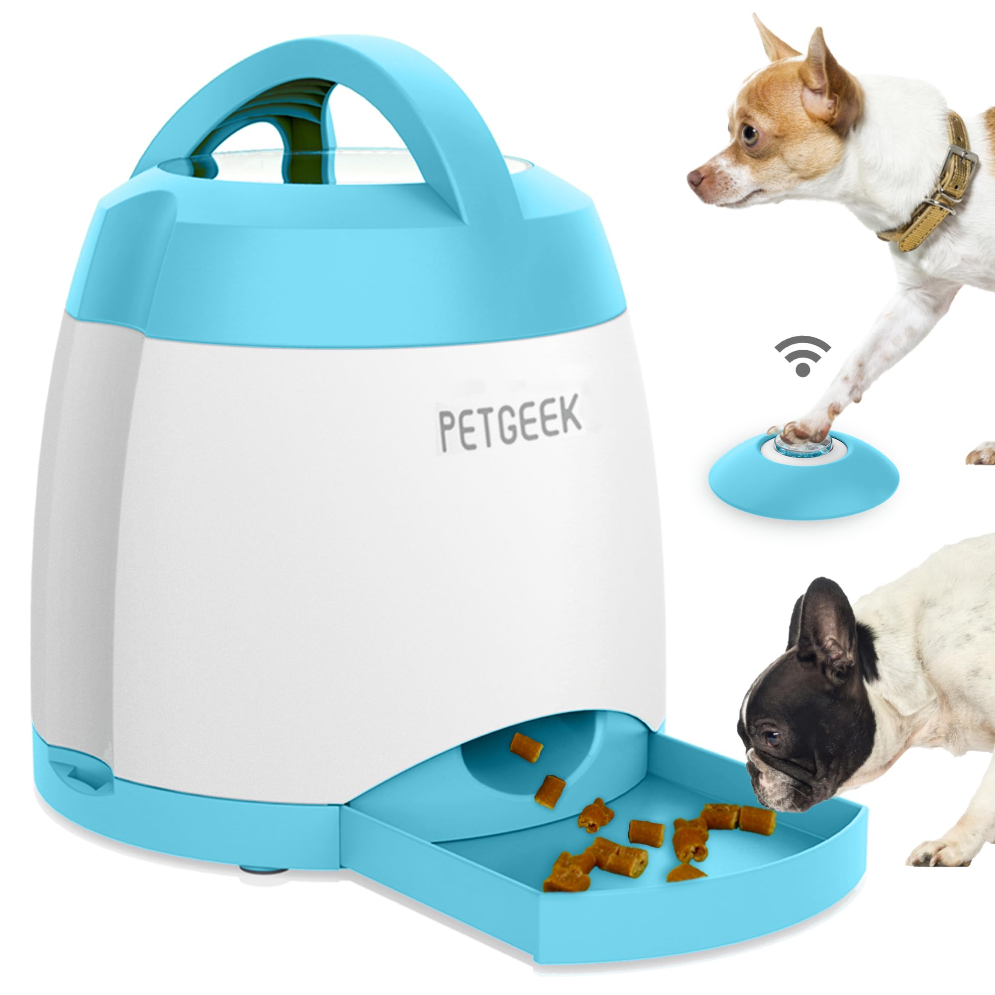 PETGEEK Automatic Dog Treat Dispenser with Button - Remote Control Interactive Dog Toy with Dual Power Supply for Training & Play | Indoor & Outdoor Puzzle Toy for Small Medium Large Dogs (Blue)