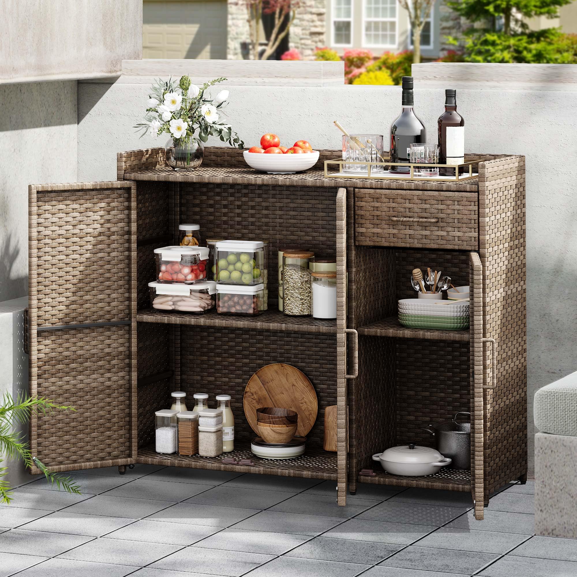 YITAHOME Outdoor Storage Cabinet - Weatherproof Rattan Bar Table with 2 Doors, Adjustable Shelves & Foldable Drawer - Wicker Patio Storage Box for Cushions, Pool & Garden Tools - Brown - Perfect for Backyard, Deck, and Poolside Organization