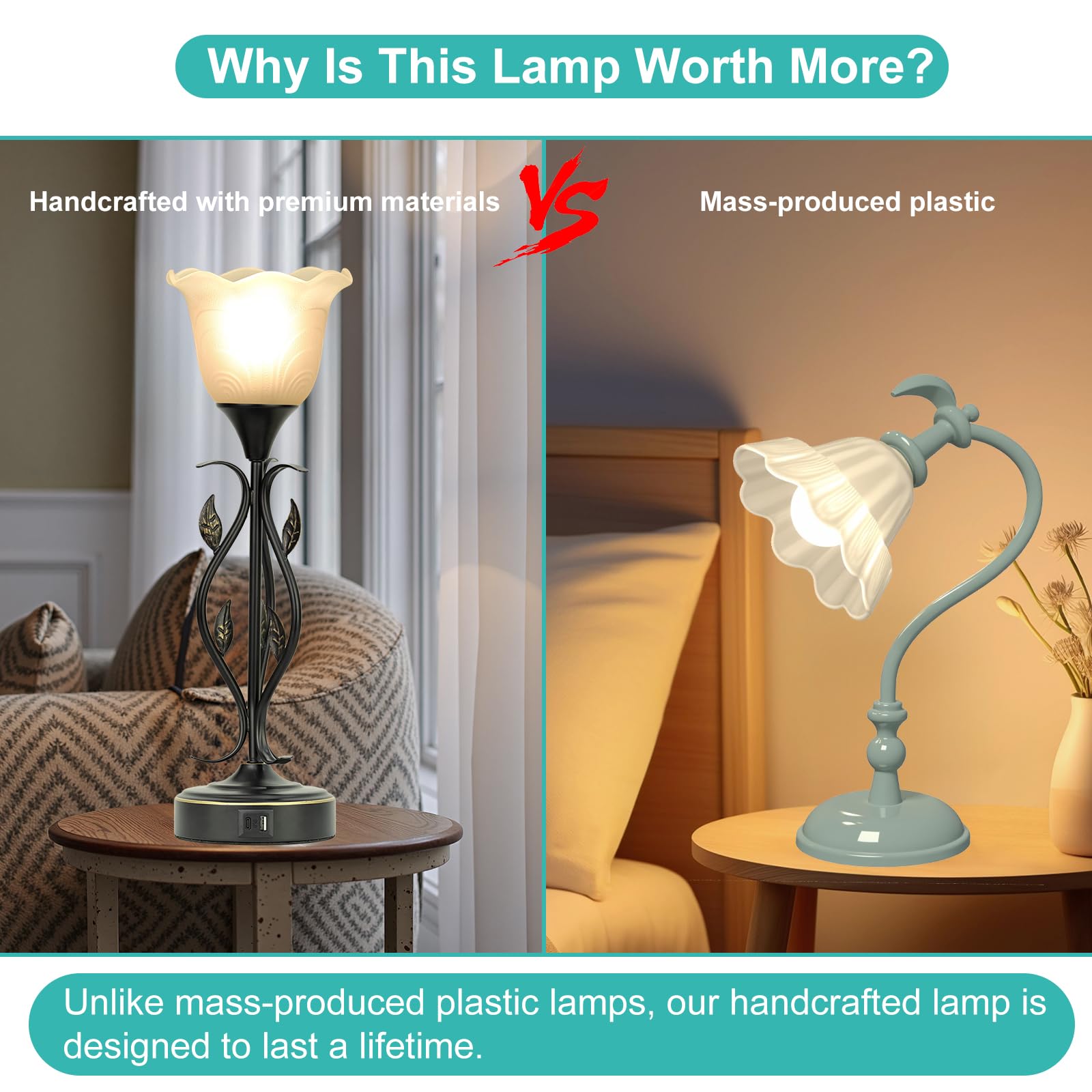2 Pack Bedside Lamps with USB Port - 3-Way Dimmable Touch Control Table Lamps, Rustic Vine Leaf & Glass Flower Shade Nightstand Lighting for Bedroom, Living Room, Office - Perfect for Reading, Relaxation & Home Decor