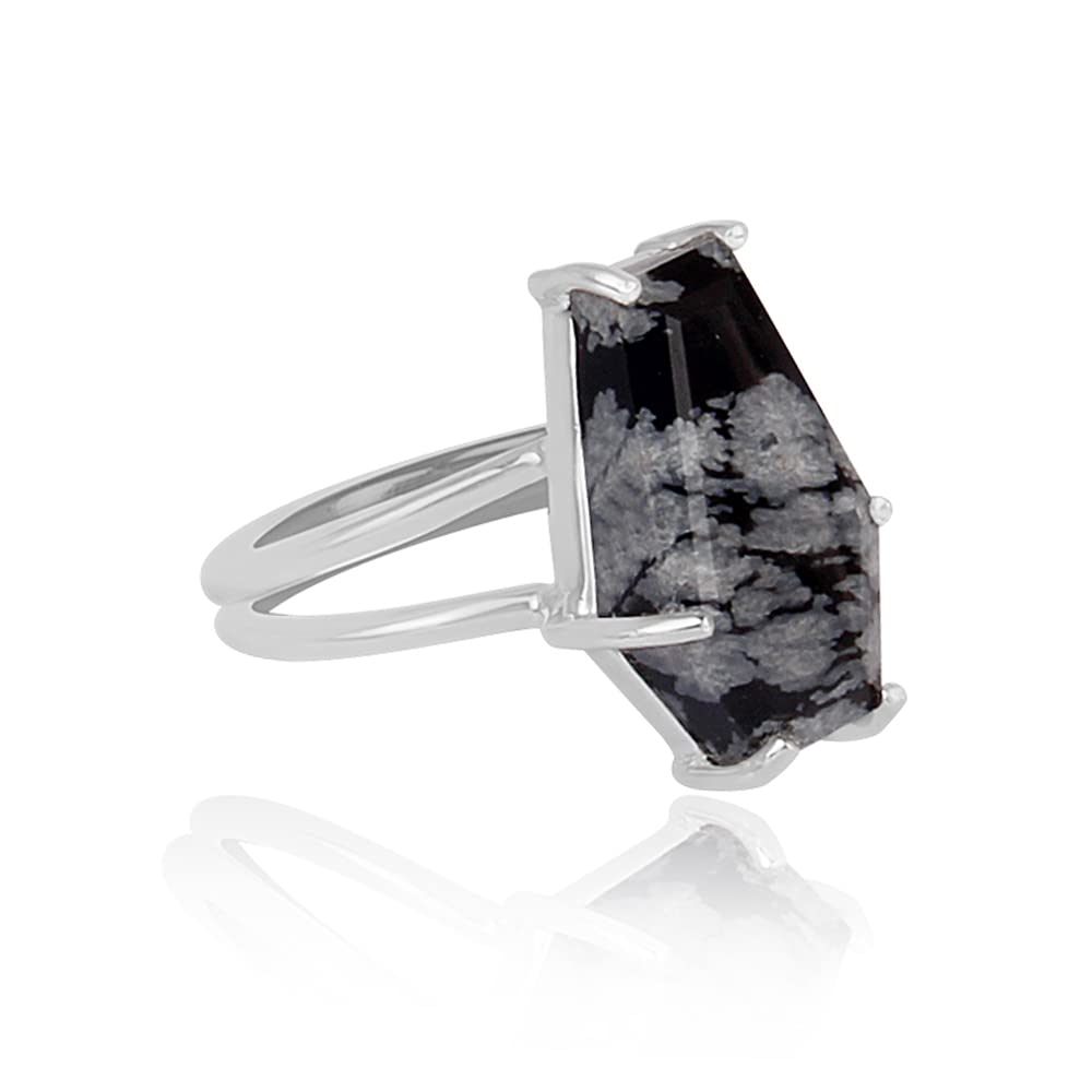 Natural Snowflake Obsidian Gemstone Ring - Sterling Silver Coffin Ring with Prong Setting | Handmade Boho Jewelry for Women | Perfect Gift for Mom, Wife, or Loved Ones | Ideal for Everyday Wear, Special Occasions & Spiritual Healing