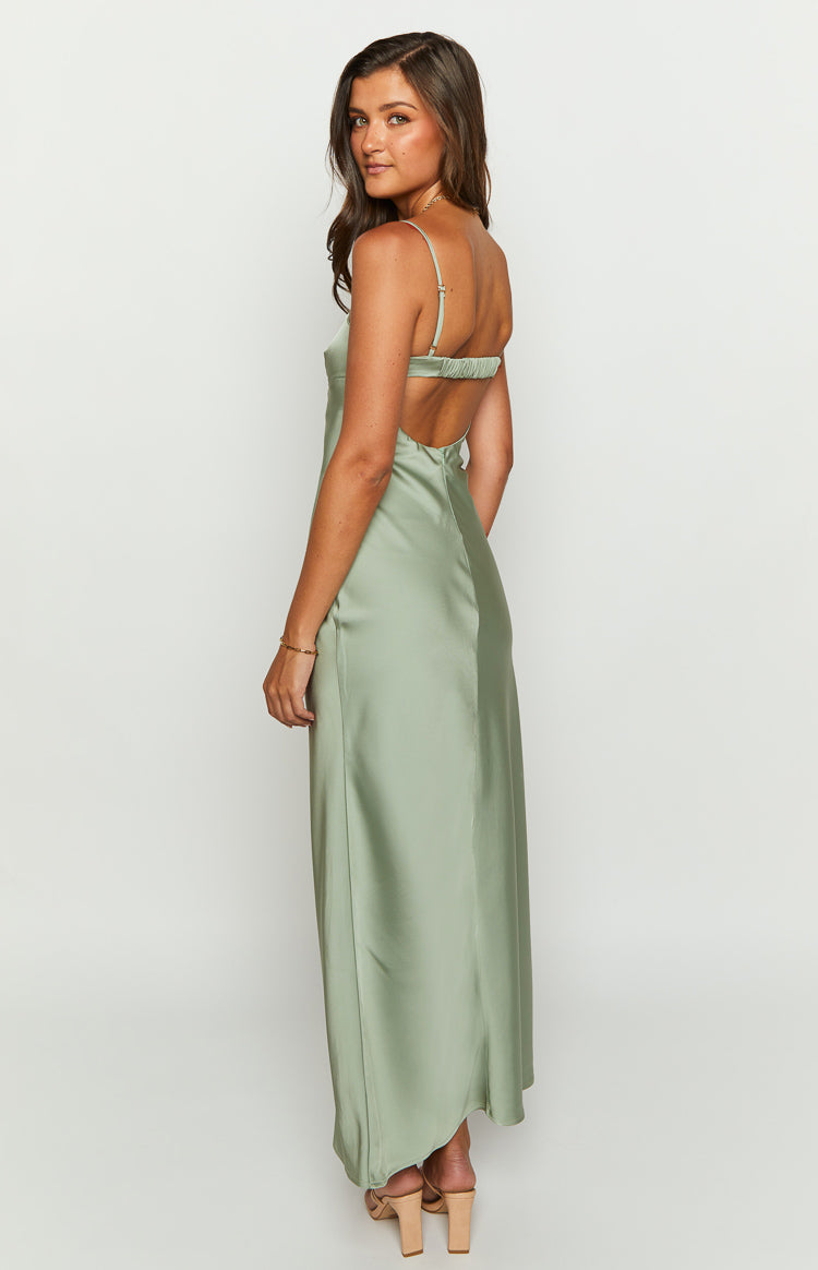 Amour Sage Satin Maxi Dress - Elegant Long Formal Evening Gown for Women, Wedding Guest Dress, Prom & Special Occasions