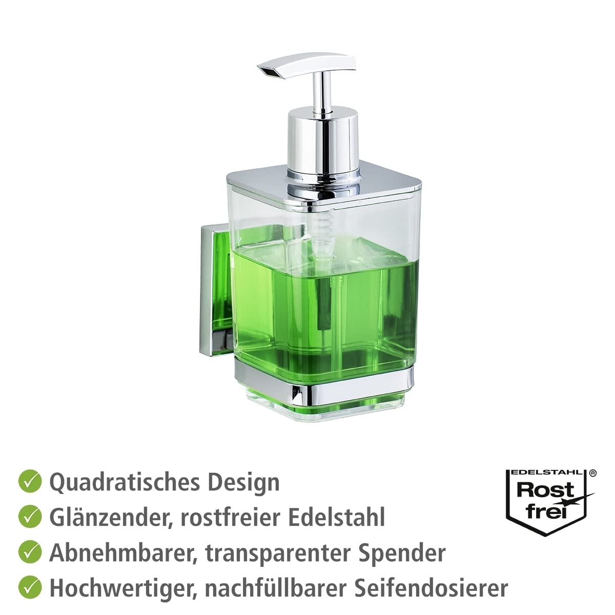 WENKO Vacuum-Loc Soap Dispenser Quadro - Stainless Steel, Silver Shiny (7.5 x 10 x 16 cm) - Perfect for Kitchen, Bathroom, and Office Hygiene