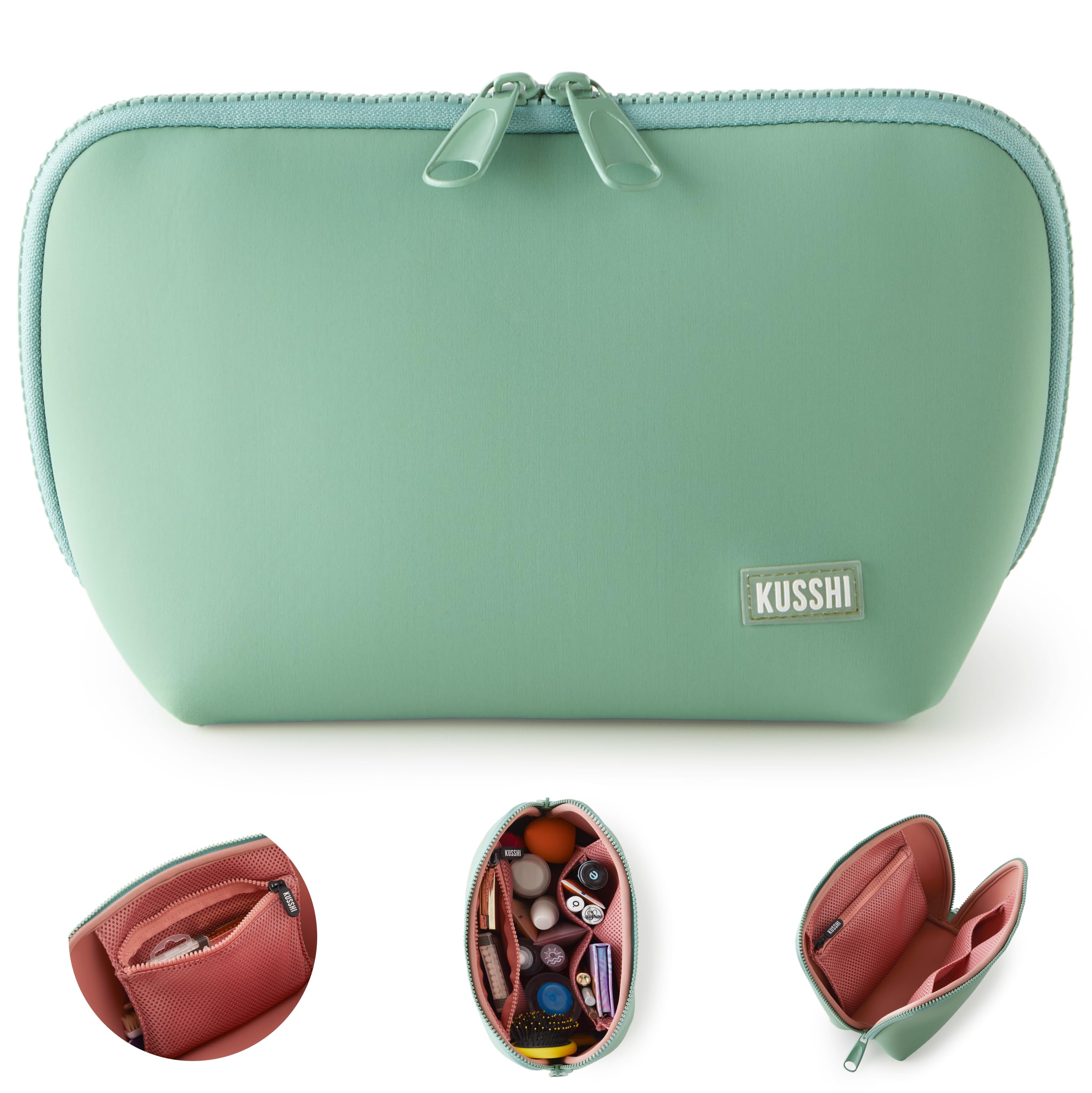 KUSSHI Neoprene Makeup Bag for Travel - Waterproof & Washable Cosmetic Pouch with Zipper Closure (Sage Green/Coral Rose) | Perfect for Toiletries, Makeup Brushes & Travel Essentials | Great Gift for Women