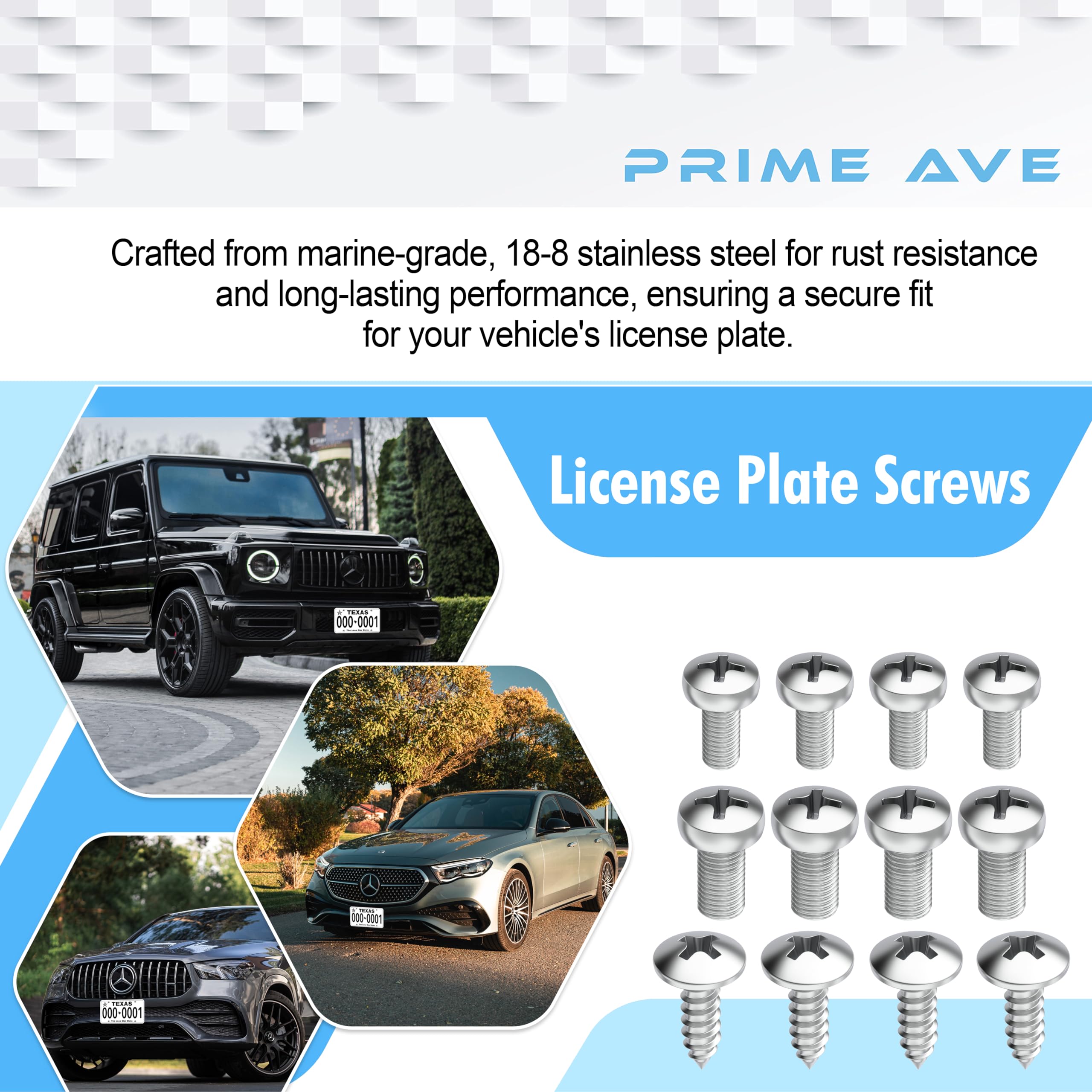 Premium Stainless Steel License Plate Screws - Rust Proof, Corrosion Resistant - Fits Mercedes Benz & Most Vehicles - Secure Front/Rear Plates, Frames & Covers (12 Pack) - Perfect for Car Registration, Vehicle Customization & Road Safety Compliance