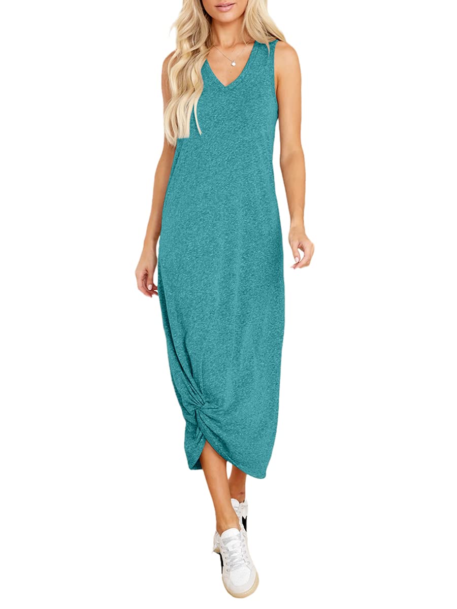 Dyexces Women's V Neck Sleeveless Twist Knot Maxi Dress - Solid Color Casual Loose T-Shirt Dress for Summer Beach, Vacation & Everyday Wear