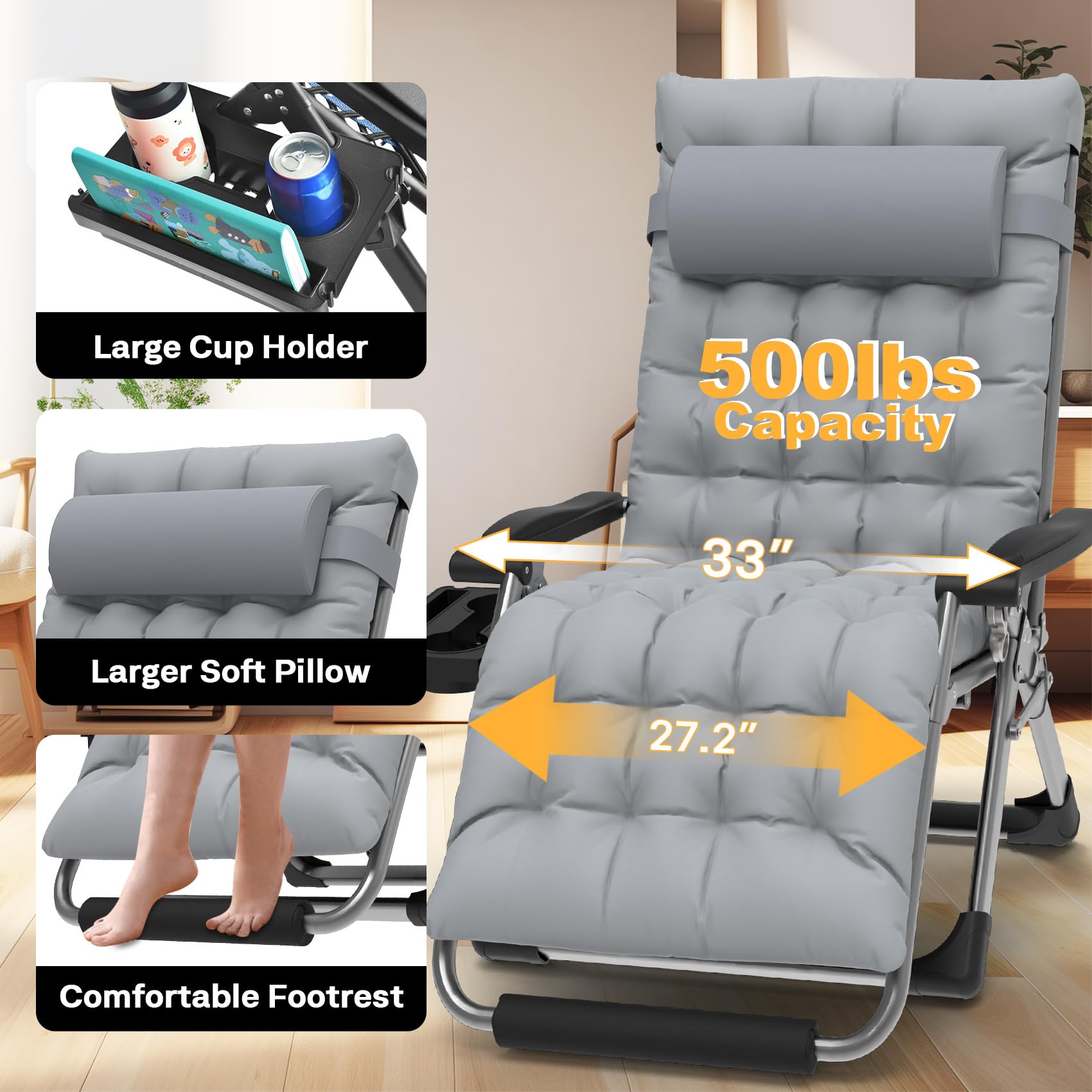Slendor XXL Oversized Zero Gravity Lounge Chair - 33In Padded Folding Recliner with Aluminum Alloy Lock, Headrest & Cup Holder - 500lbs Weight Capacity - Perfect for Patio, Lawn, Backyard & Poolside Relaxation (Grey)