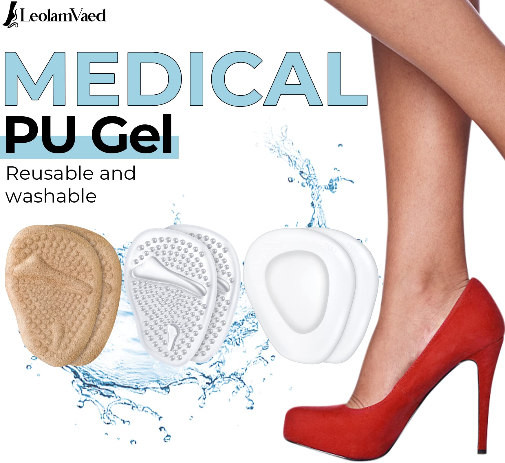 Reusable Metatarsal Pads for Women - Ball of Foot Cushions for All-Day Pain Relief & Comfort - Washable Heel Pads - One Size Fits All High Heel Inserts (10-Piece Set) - Perfect for High Heels, Work Shoes & Long Hours Standing