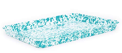 Crow Canyon Enamelware Jelly Roll Pan - Rectangular Baking Tray with Turquoise Marble Design | Perfect for Baking, Serving & Kitchen Decor