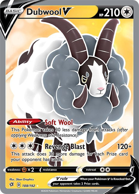 Dubwool V Full Art Pokemon Card - SWSH02 188/192 - Collectible Trading Card for Battles & Display