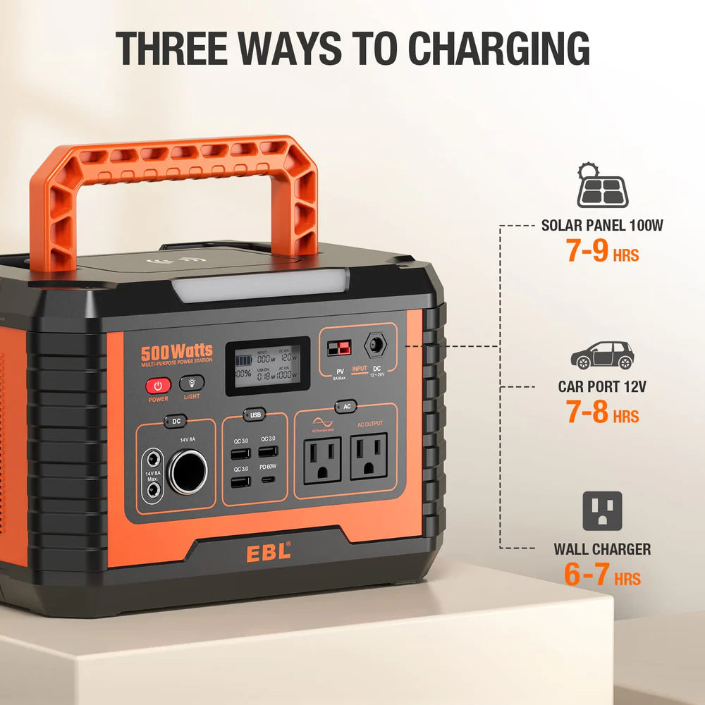 EBL MP500 Portable Power Station 519Wh 500W Solar Generator - Emergency Backup for Camping, Home, RV & Outdoor Adventures