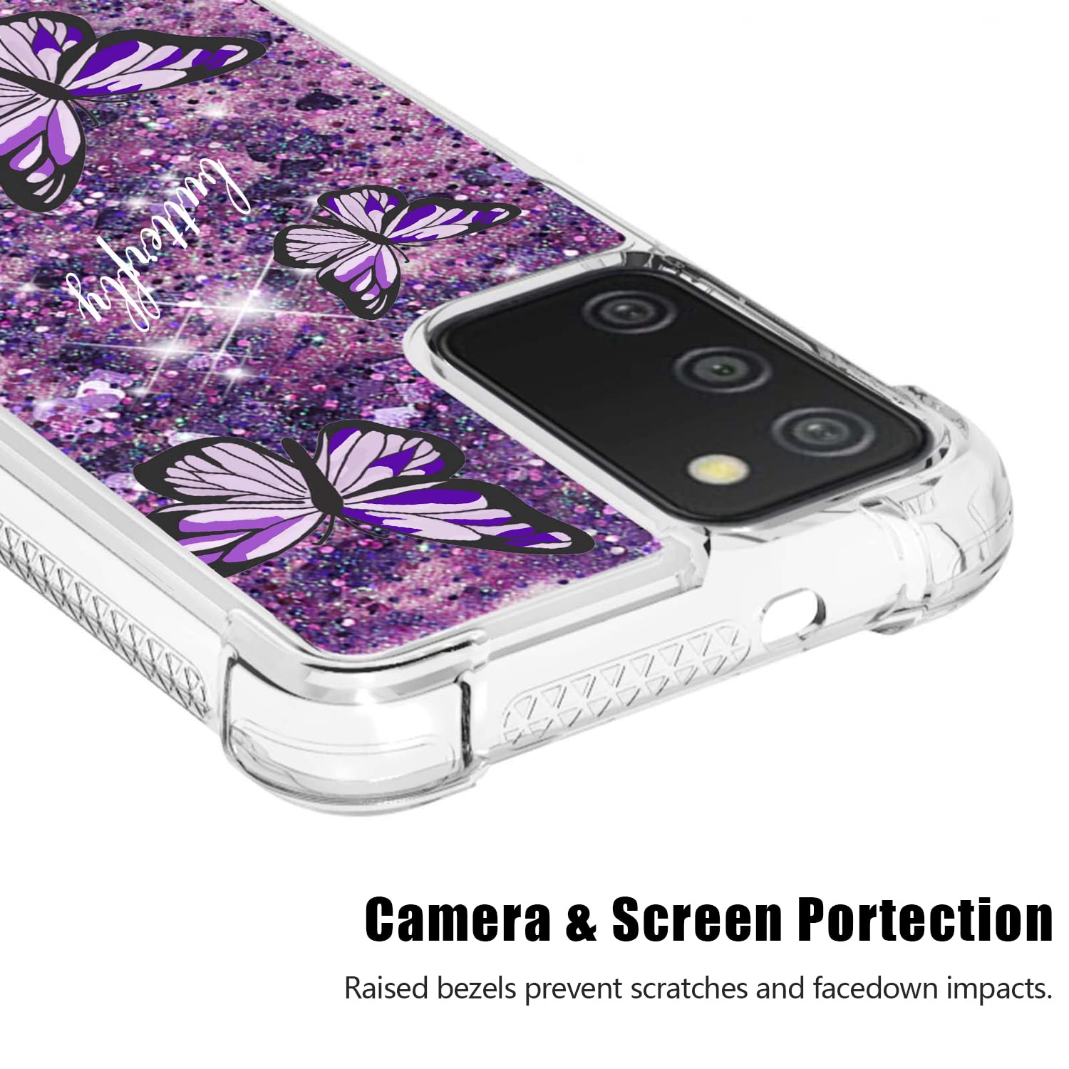 Samsung Galaxy A03S Case with Tempered Glass Screen Protector - Cute Glitter Bling Soft TPU Protective Phone Cover for Women & Girls (Purple Butterfly) - Perfect for Everyday Use, School, and Work