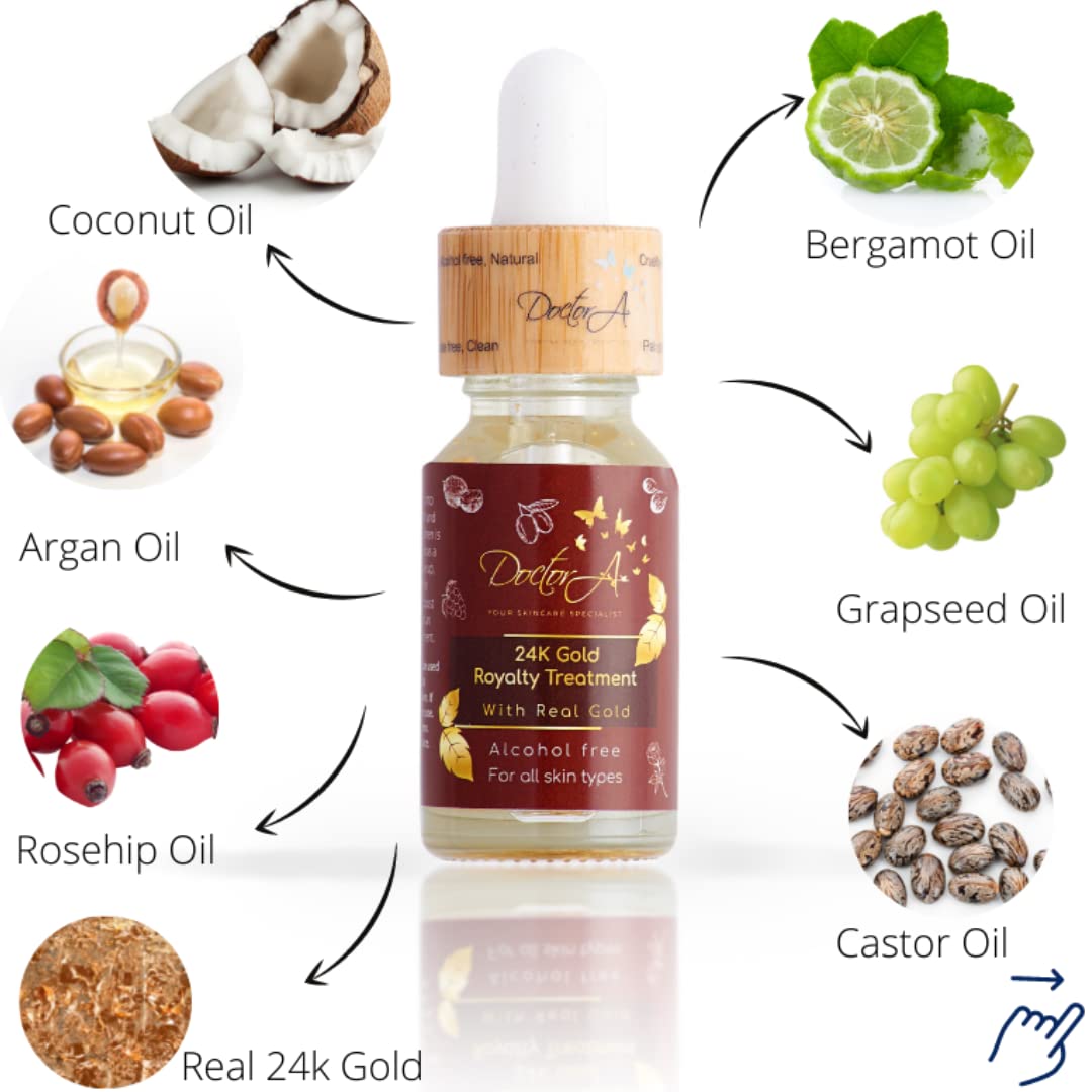 24K Gold Facial Oil Treatment - Hydrating Vegan Face Oil with Argan, Grapeseed, Rosehip, Coconut, Castor & Bergamot Oils - Anti-Aging Skin Care for Dry, Sensitive & Mature Skin - Perfect for Night Routine & Daily Moisturizing