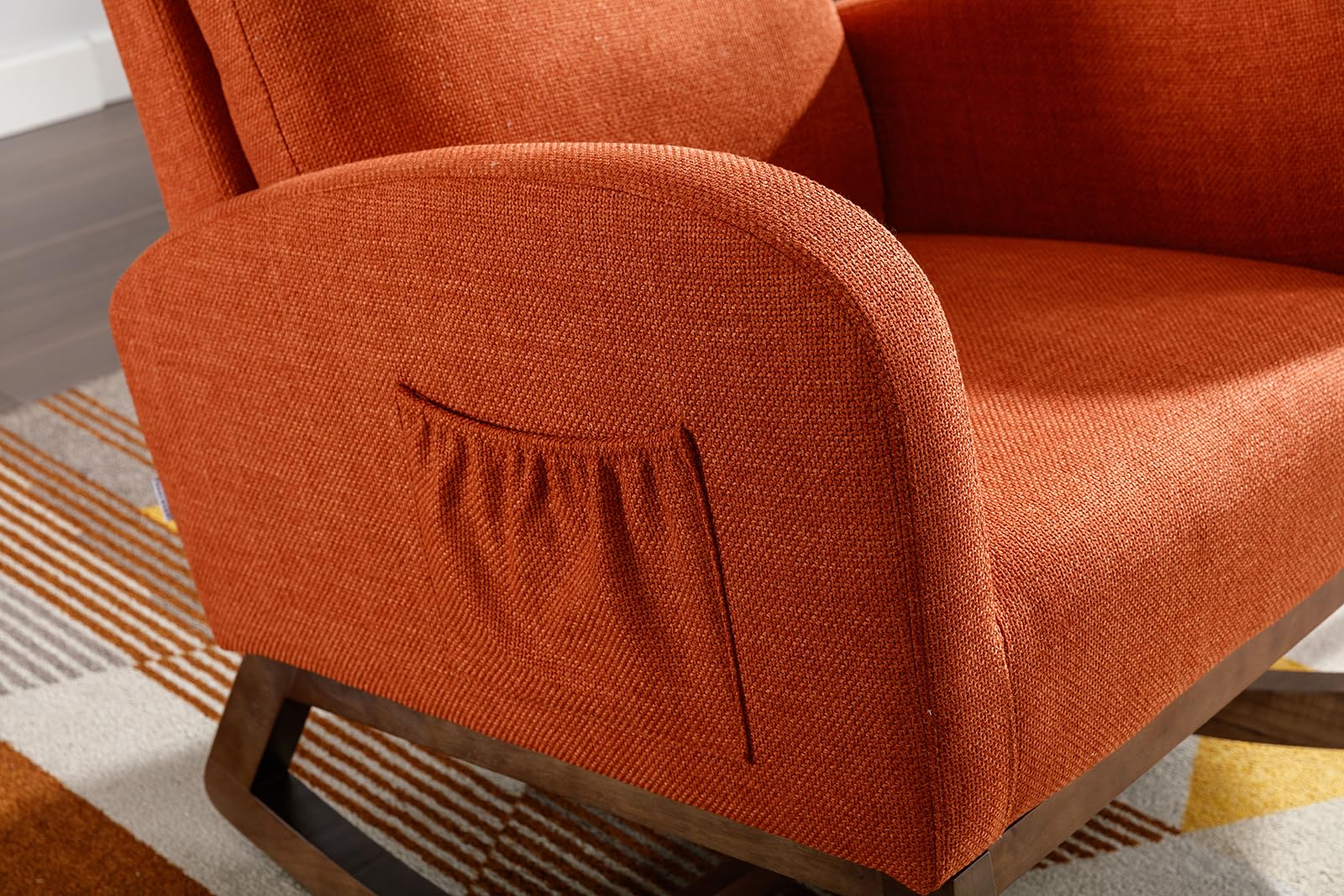 Comfortable Upholstered Nursery Rocking Chair with Side Pocket - High Back Support Glider Rocker, Solid Wood Base Accent Armchair for Living Room, Bedroom & Office - Perfect for Nursing, Reading & Relaxing (Orange)
