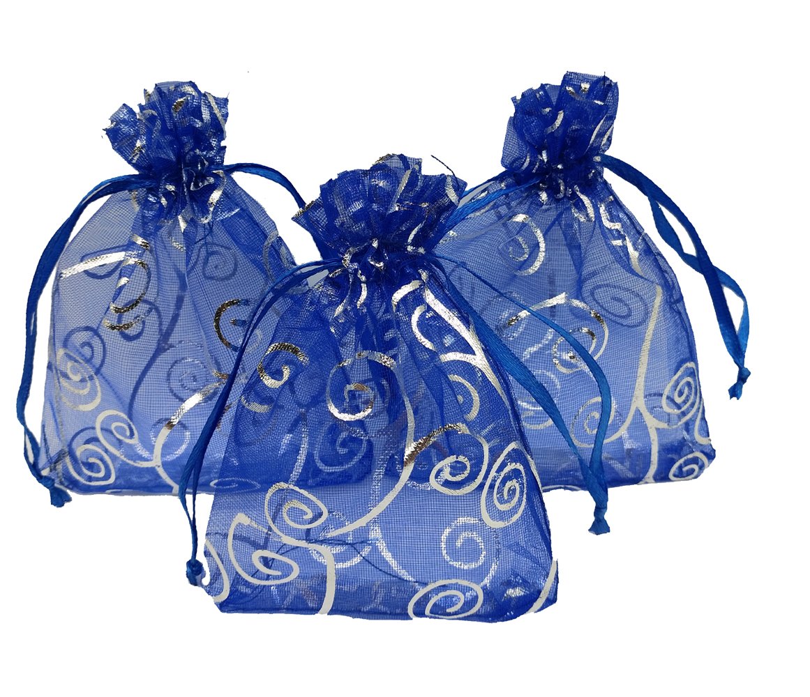 100pcs Blue Sheer Organza Favor Bags 3x4 Inch - Wedding, Baby Shower, Party Gift Bags with Drawstring - Rattan Print Organza Pouches for Candy, Jewelry, Party Favors & Sample Displays