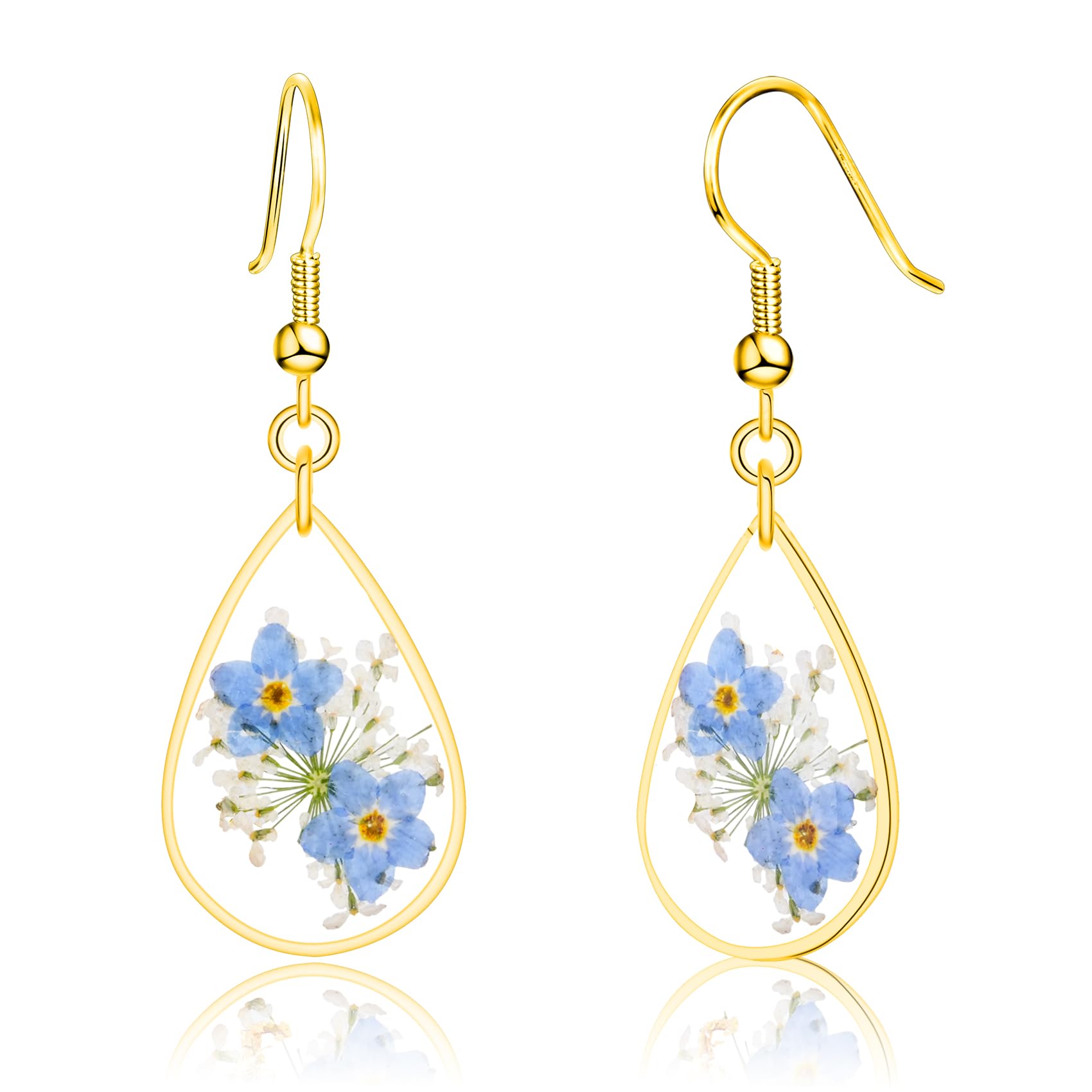 Pressed Forget Me Not Handmade Earrings - Real Flower Dried Resin Jewelry for Women, Gold Teardrop Earrings, Unique Birthday Gift for Her - Perfect for Weddings, Anniversaries & Special Occasions
