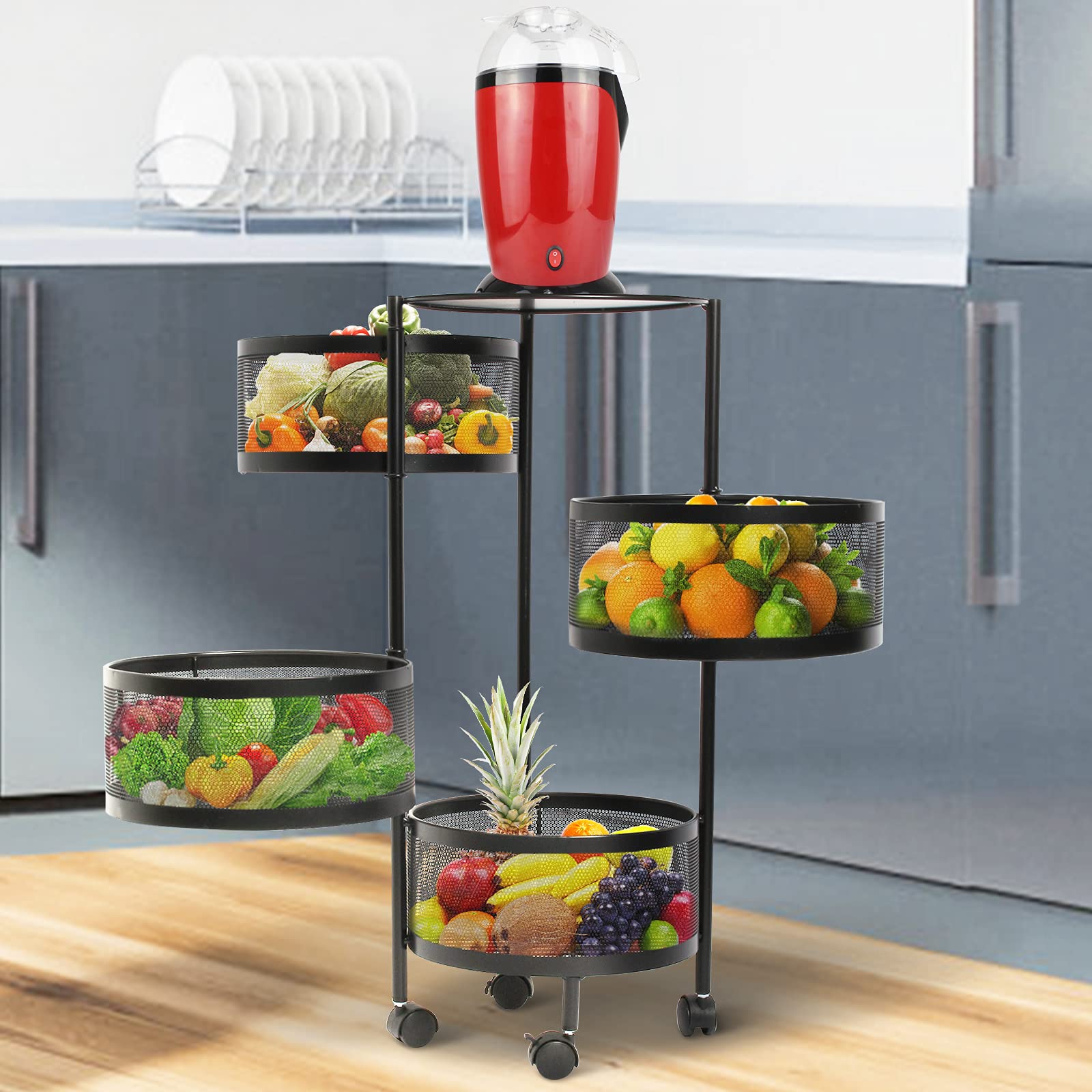 Todeco 360° Rotating Storage Rack - 5-Tier Multi-Purpose Organizer Shelf for Kitchen, Living Room | Space-Saving Floor Standing Fruit Vegetable Basket | Durable Black Home Storage Solution (Perfect for Small Spaces & Clutter-Free Organization)