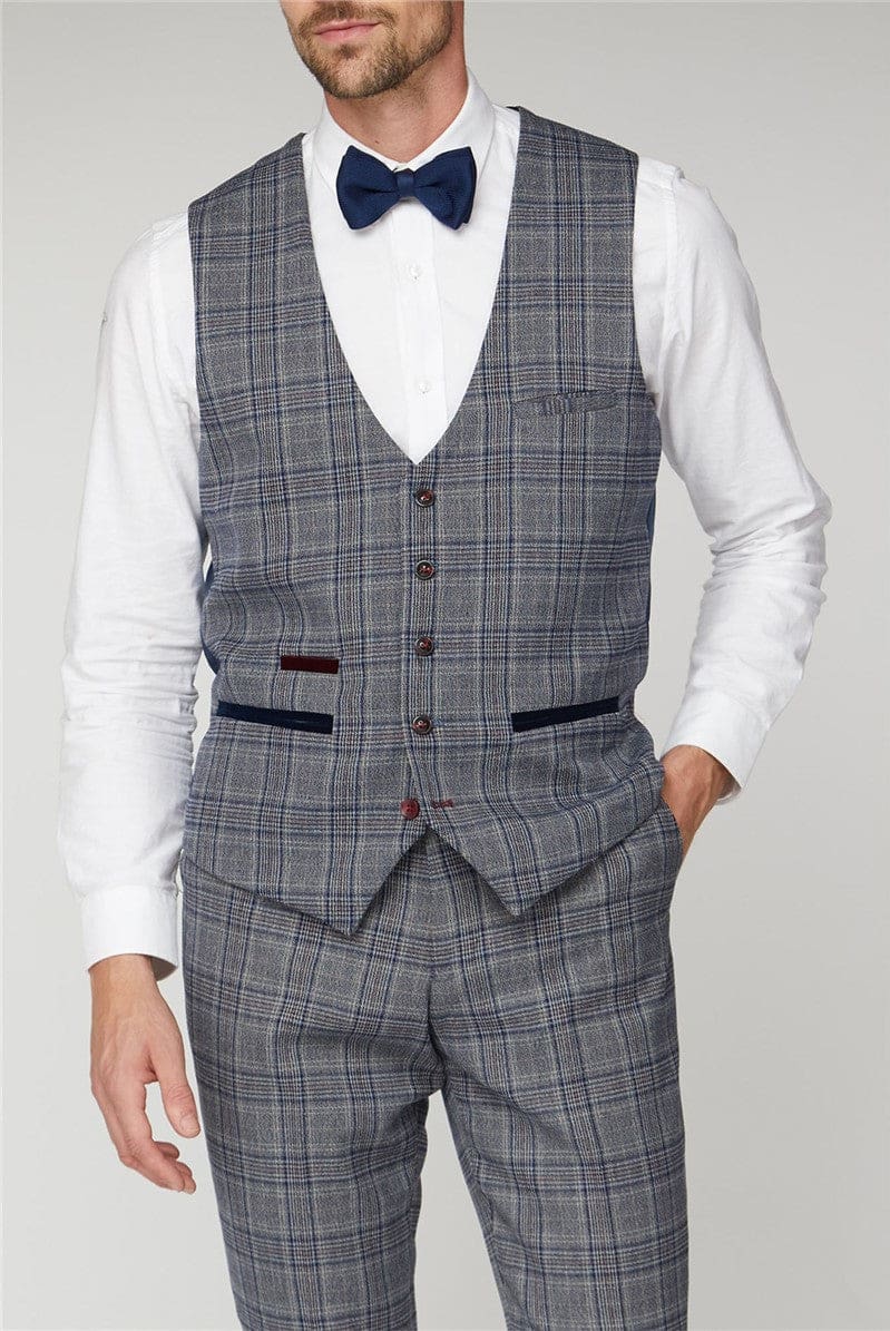 Marc Darcy ENZO Grey Men's Blue Check Tweed Waistcoat Vest - Stylish Formal Wear for Weddings, Business Meetings & Special Occasions
