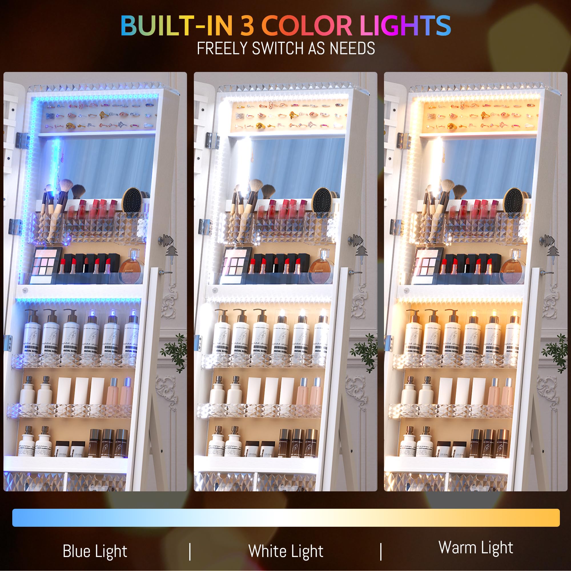 LVSOMT White Full-Length LED Jewelry Mirror Cabinet with 14 RGB Lights - Dimmable & Adjustable Speed Standing Jewelry Armoire Organizer - Perfect for Bedroom, Dressing Room and Vanity Makeup Area
