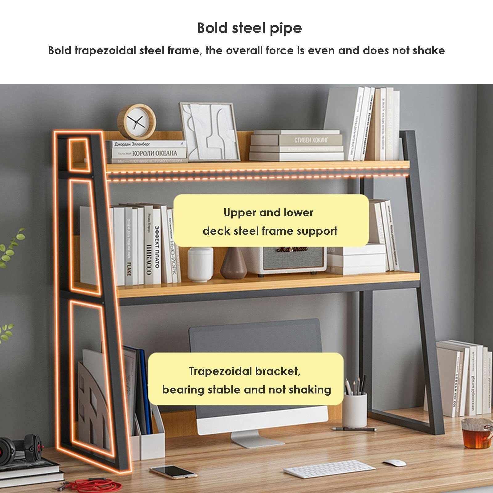 2-Tier Steel Frame Desktop Organizer Shelf - Office Desk Bookshelf, Countertop Hutch & Bookcase for Home & Office - Perfect for Books, Files, Decor & Small Items Storage