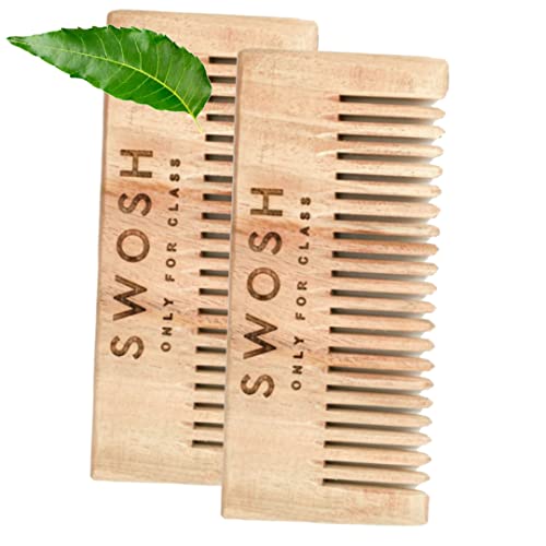SWOSH Natural Neem Wood Wide Tooth Comb for Women & Men - Eco-Friendly Wooden Hair Comb for Healthy Scalp & Hair Growth | Anti-Dandruff, Anti-Hair Fall & Frizz Control | Pack of 2 | Perfect for Daily Hair Care, Detangling & Ayurvedic Scalp Massage