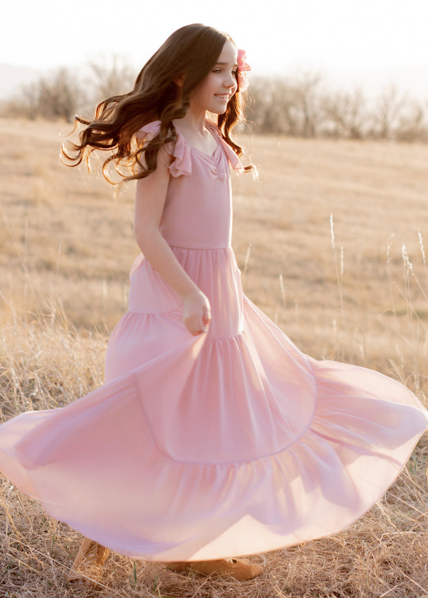 Varvara Women's Nude Pink Dress - Elegant Flowy Midi Dress for Wedding Guest, Cocktail Party & Special Occasions