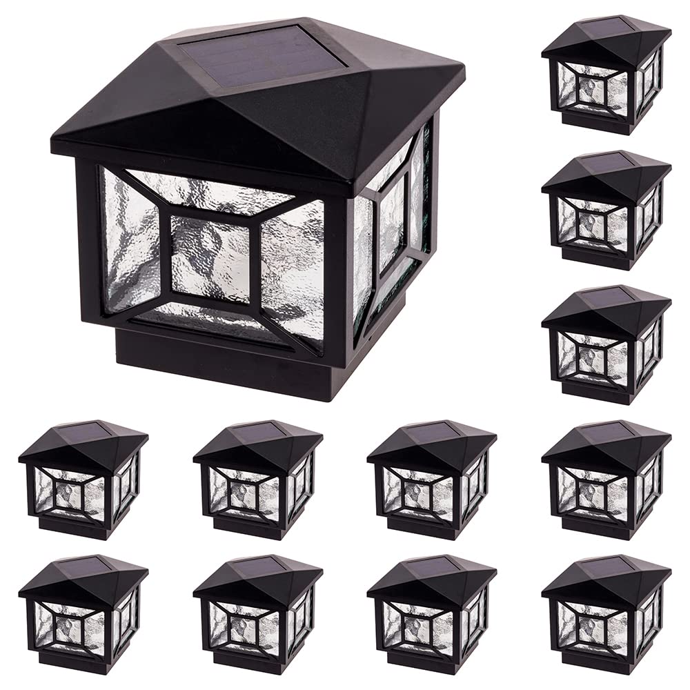 Solar Powered LED Deck Lights 4x4 Post Caps - Waterproof Outdoor Solar Post Lights for Fence & Deck - Black 12 Pack - Perfect for Garden, Patio, and Pathway Lighting