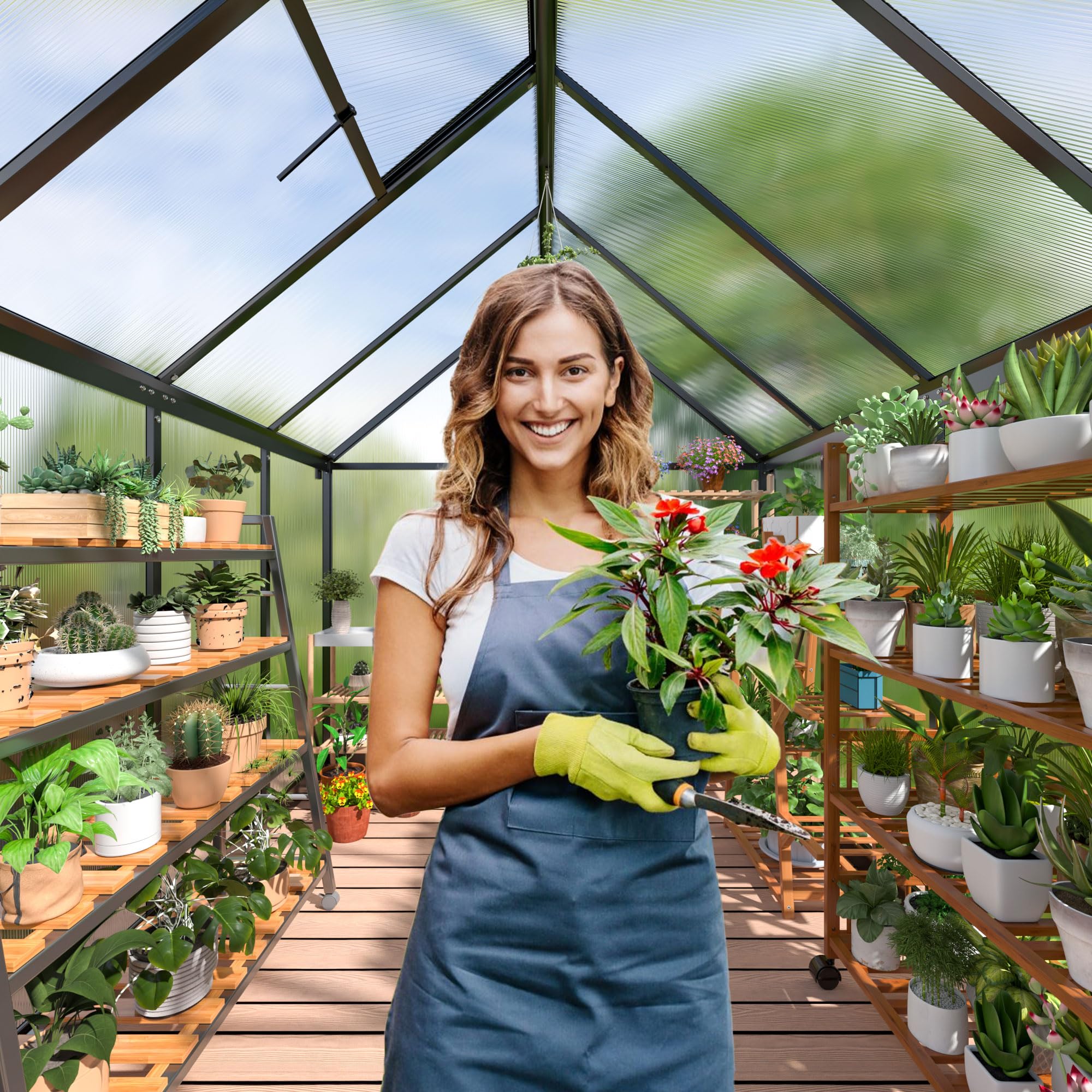 6x8 FT Polar Aurora Greenhouse - Quick Assembly Aluminum Frame with Polycarbonate Panels - Walk-in Outdoor Greenhouse with Ventilated Windows - Perfect for Backyard Gardening, Plant Growing & Home Farming