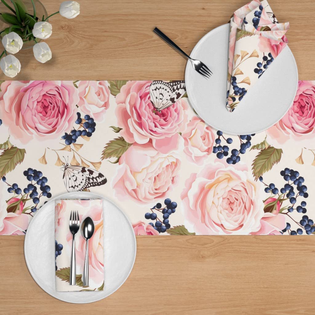 Custom Vintage Floral Pink Peonies Print Cotton Sateen Table Runner 90