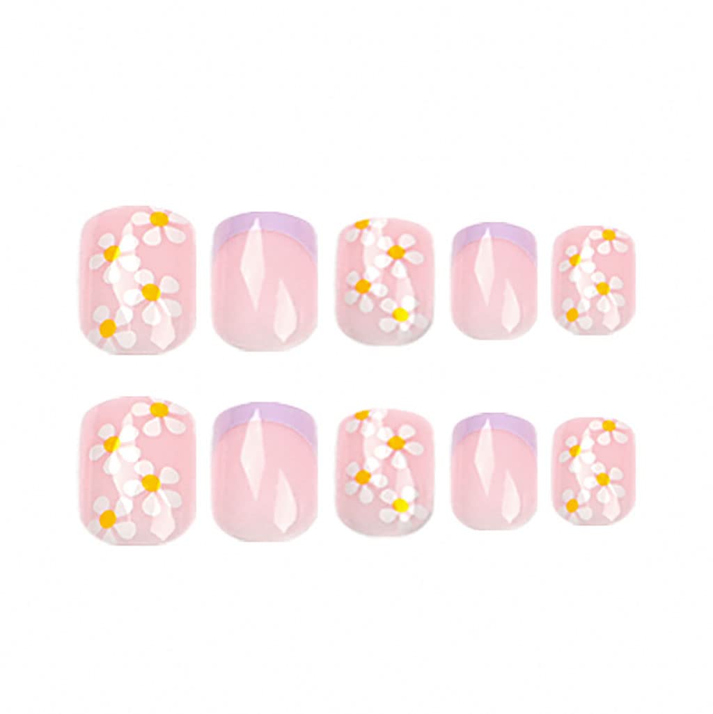 RikView French Press on Nails - Short Fake Nails with Purple Flower Design, Square Acrylic Nails for Women | Perfect for Parties, Weddings, and Daily Wear