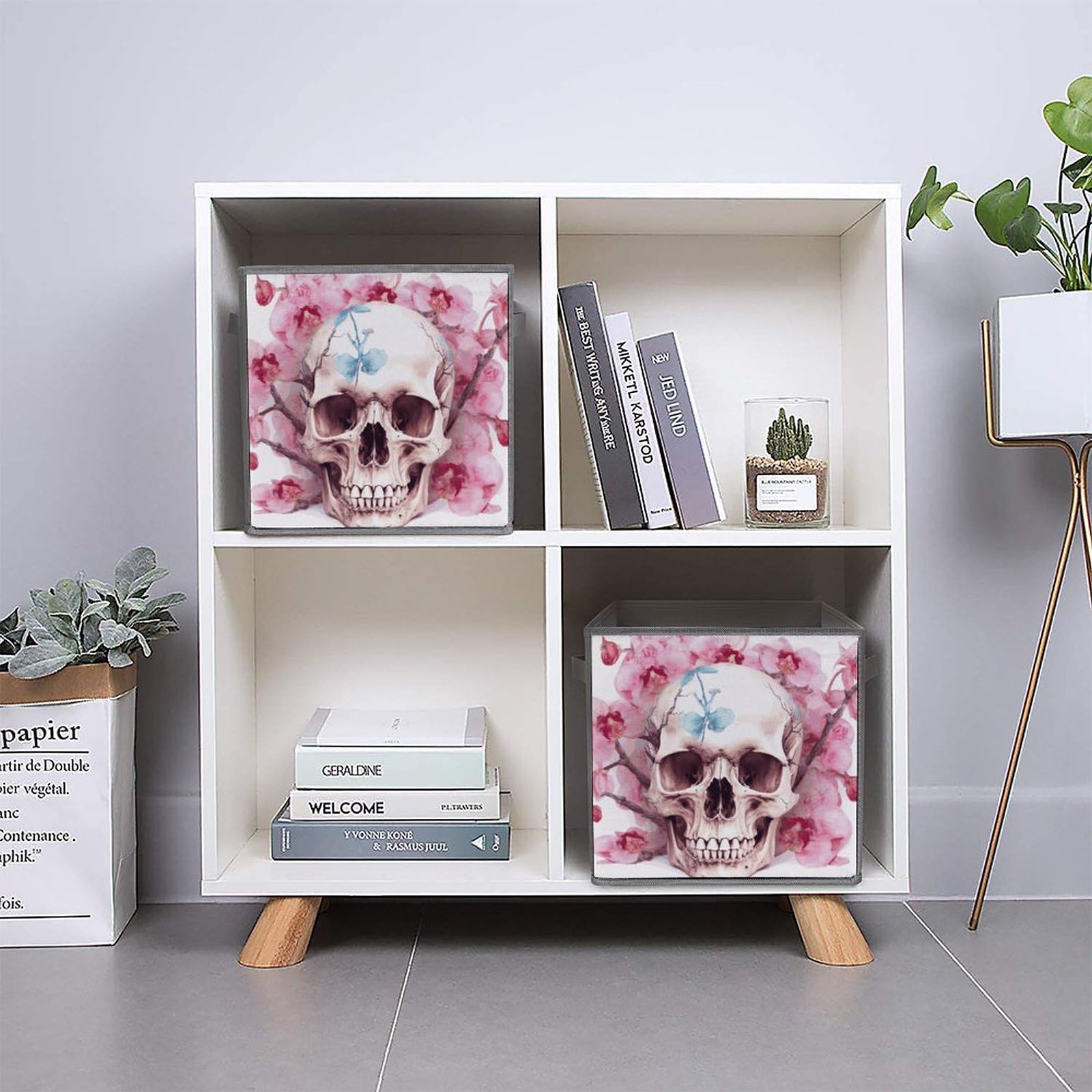 6PCS Collapsible Storage Bins with Handles - Skull & Pink Floral Printed Foldable Organizer Boxes for Home, Closet, Office & Shelf Organization | Space Saving Storage Solutions for Toys, Books & Household Items